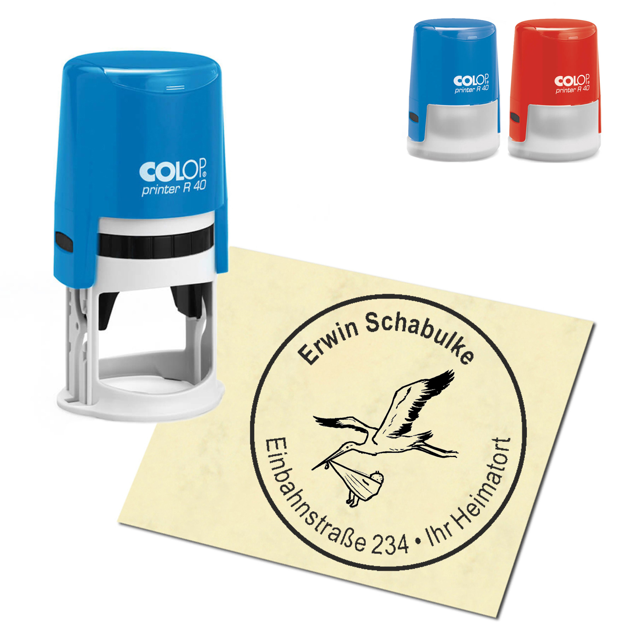 Stempel Adressstempel personalisiert - Storch mit Baby - rund &empty; 40mm