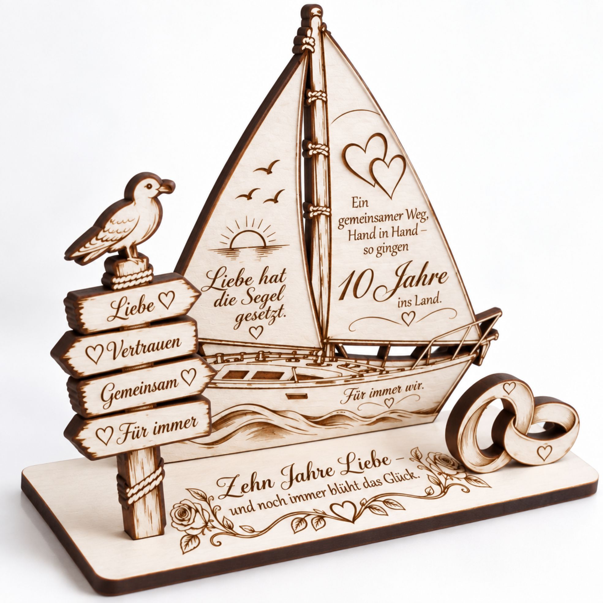 10. Hochzeitstag Geldgeschenk Rosenhochzeit mit Segelboot 14x11cm