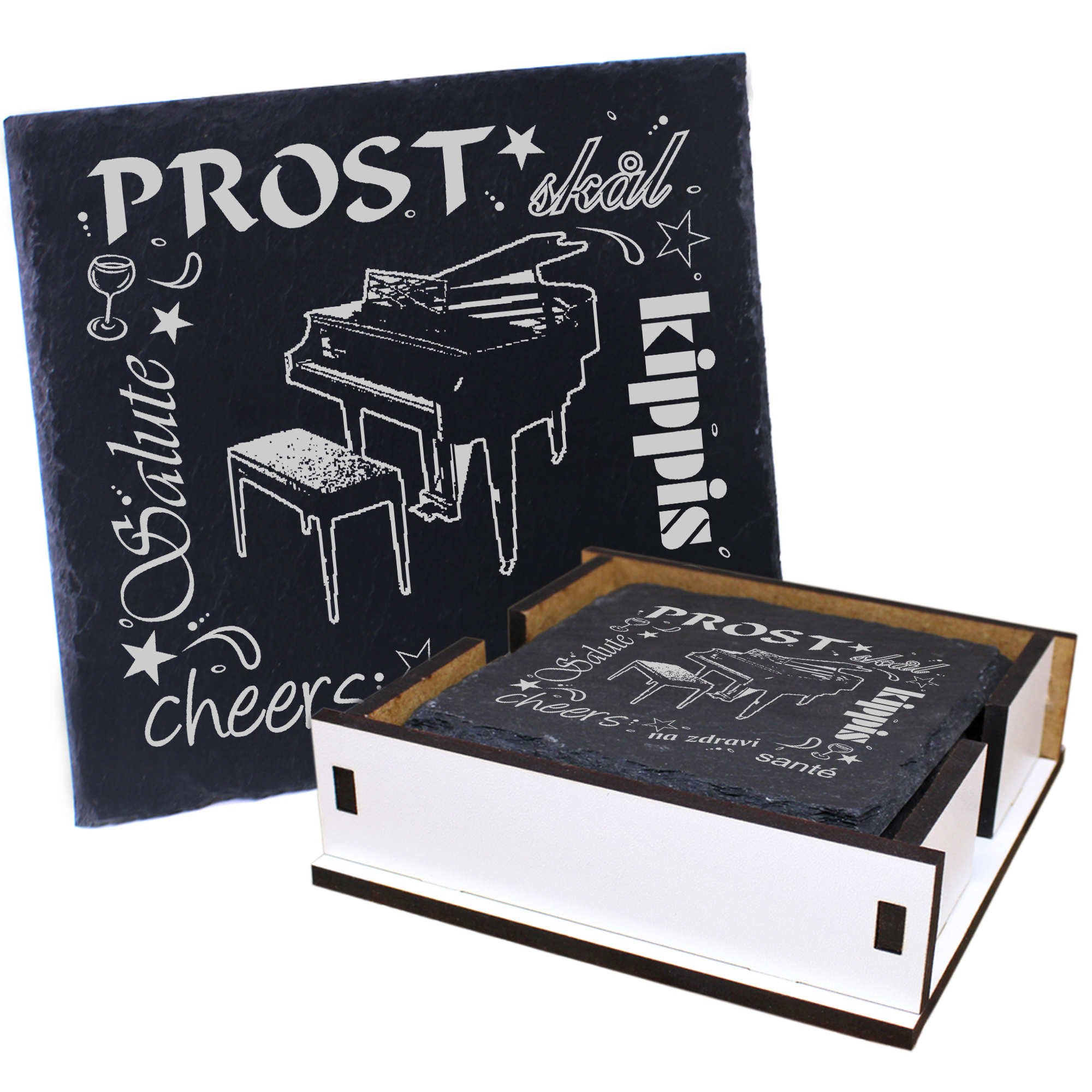 5 x Schiefer Untersetzer - Prost Flügel - inkl. Holzbox & Flaschenuntersetzer