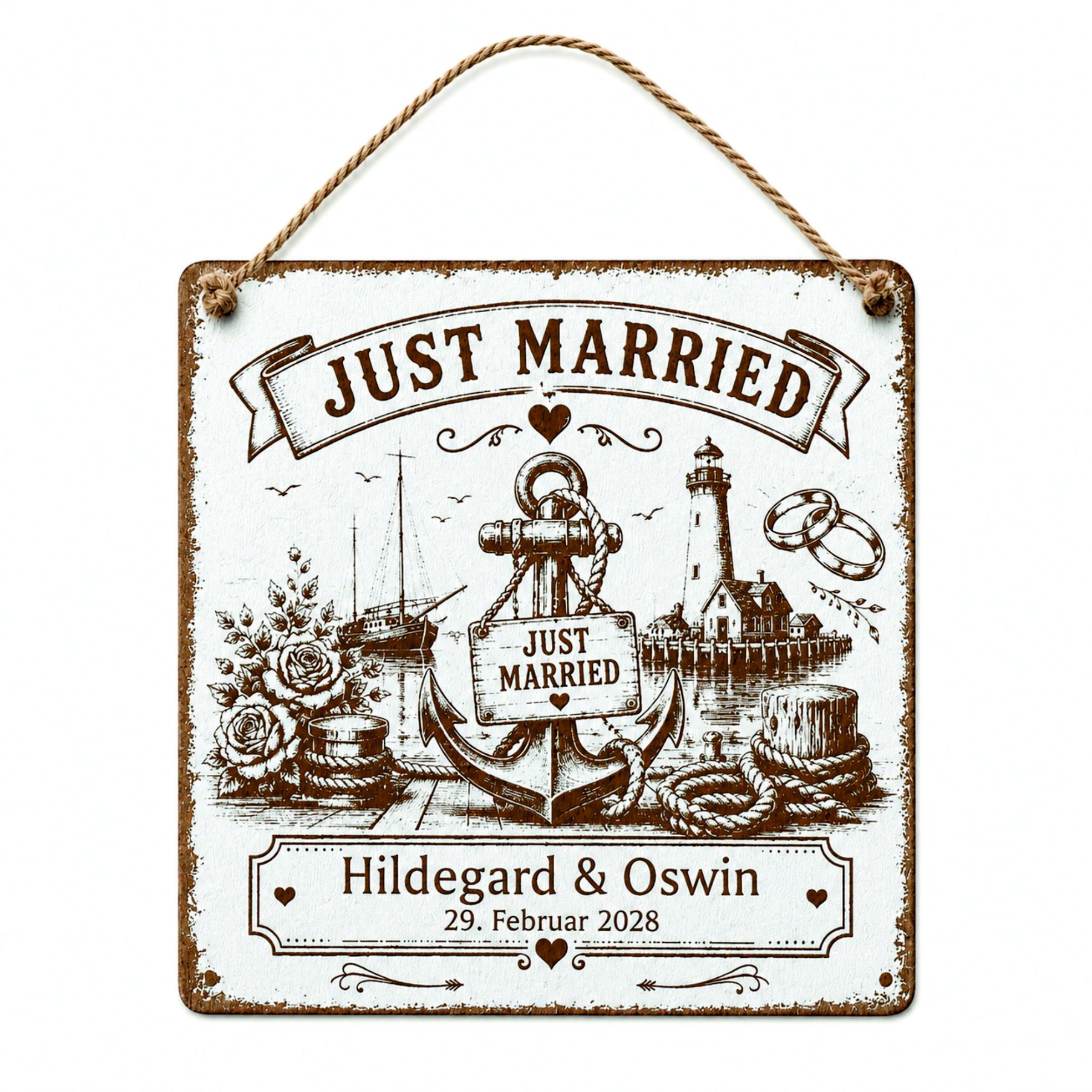 Personalisiertes Hochzeitsschild Maritim Just Married - mit Namen und Datum - 15x15 cm