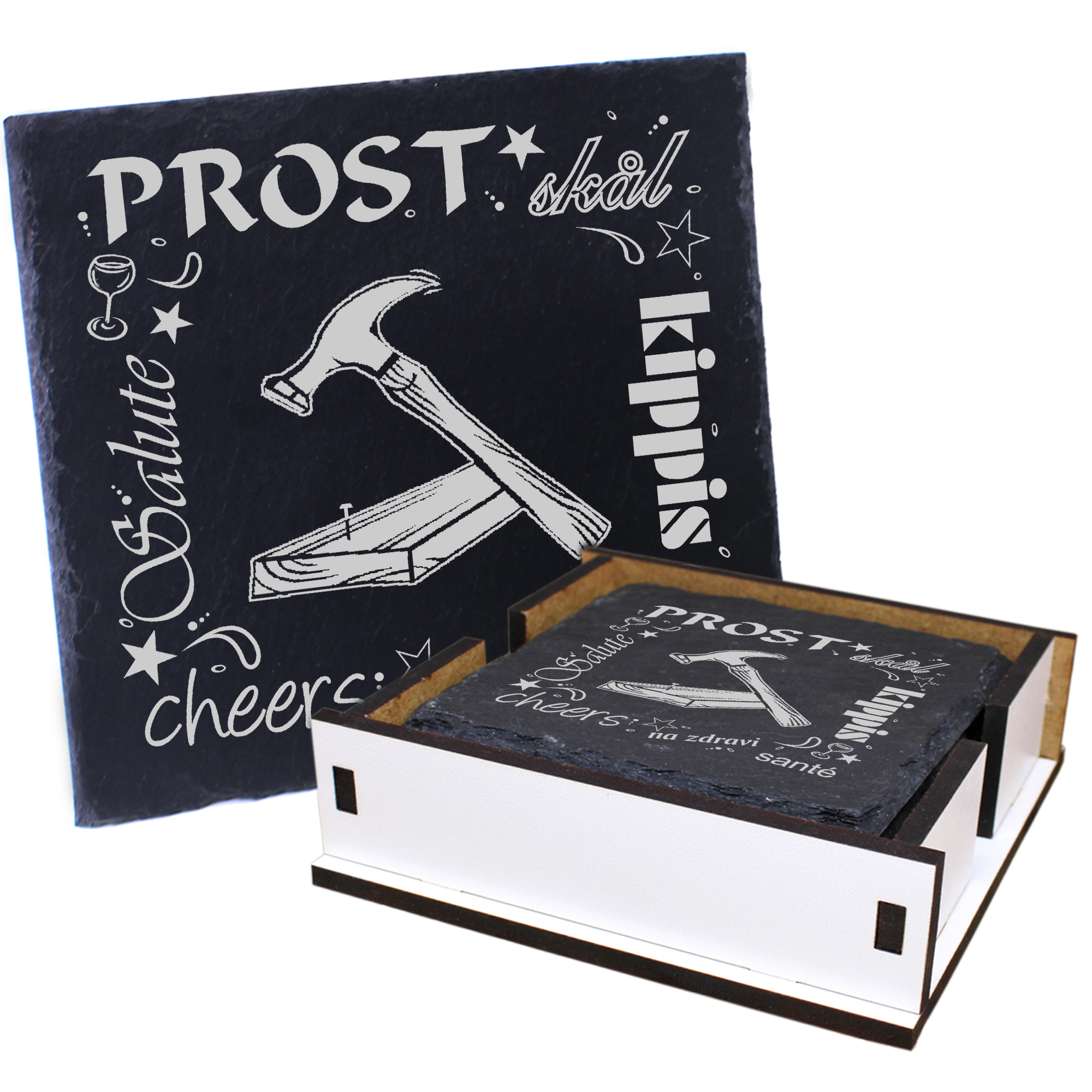 5 x Schiefer Untersetzer - Prost Hammer und Brett - inkl. Holzbox & Flaschenuntersetzer