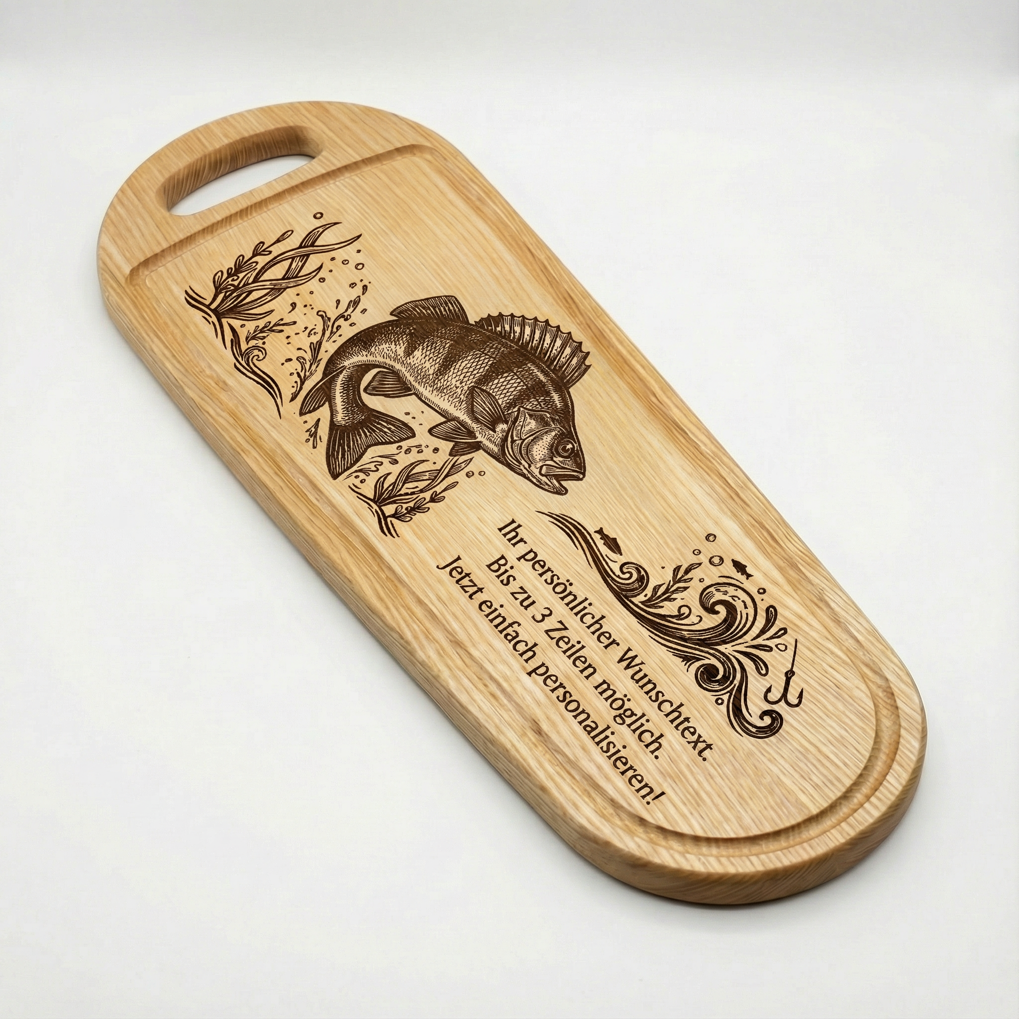 XXL Fisch Schneidebrett aus Esche mit Gravur – Barsch –  60x20cm - Angler Griller Koch