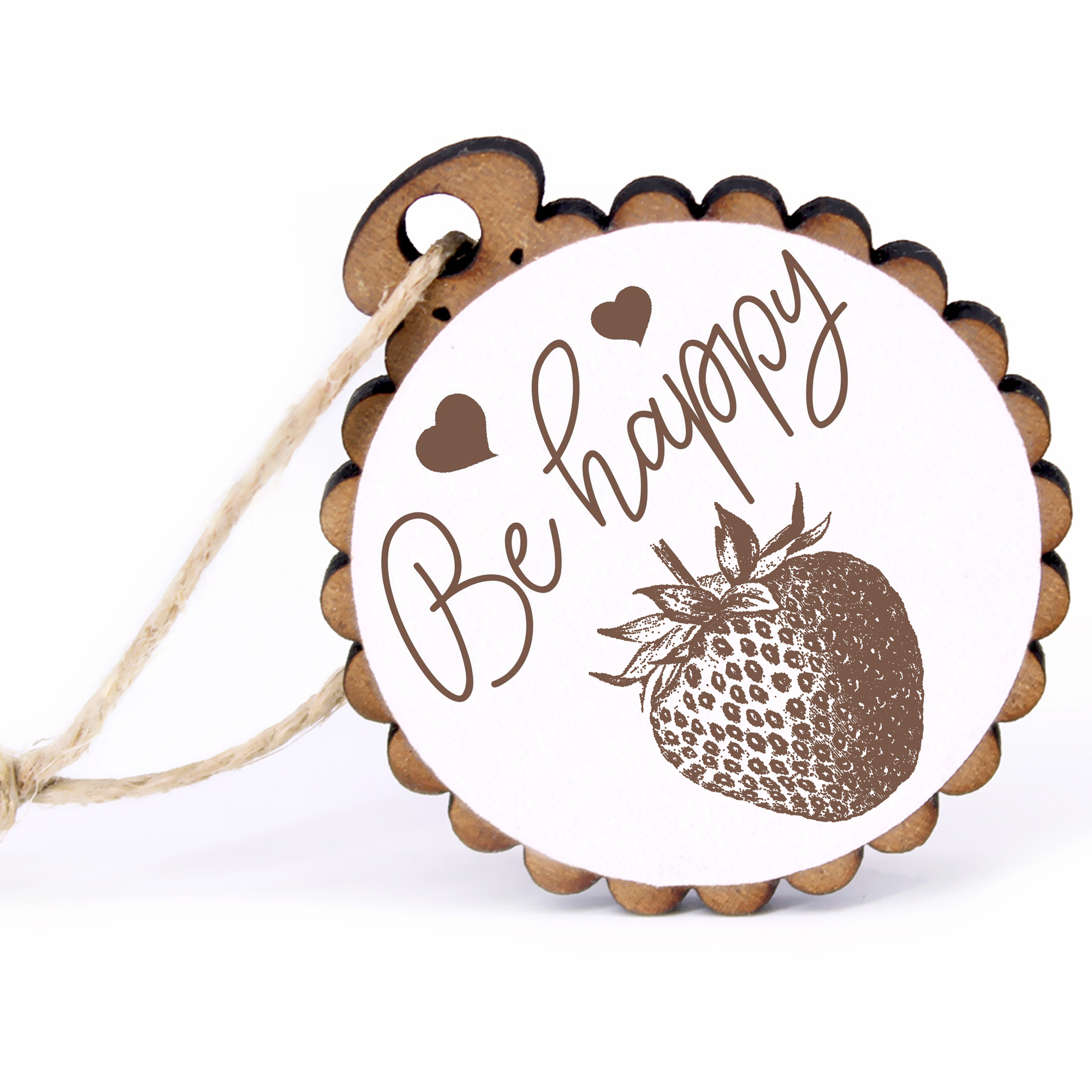 Geschenkanhänger - Be Happy Erdbeere -  Holz Ø-5cm - mit Juteband