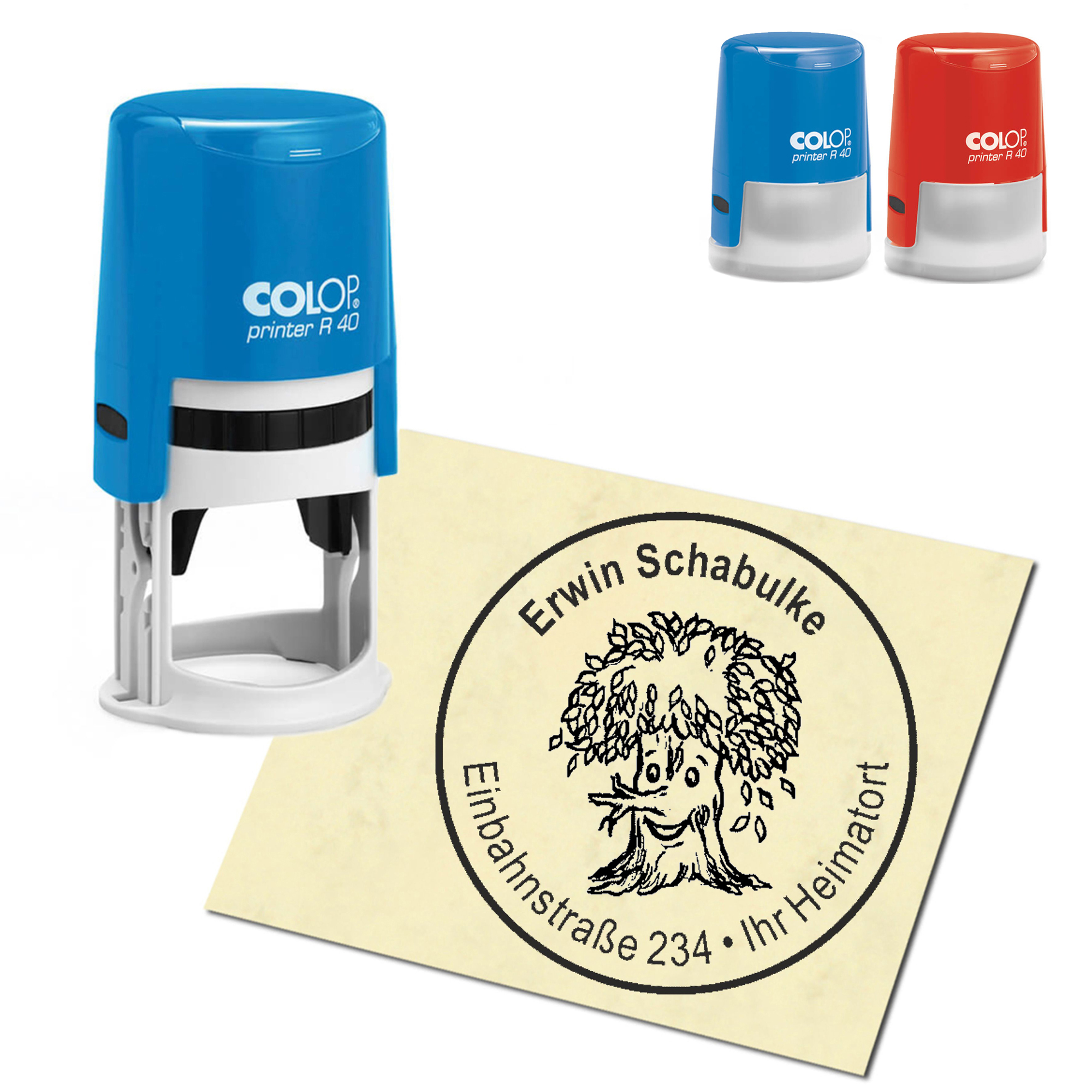 Stempel Adressstempel personalisiert - lustiger Baum mit Gesicht - rund &empty; 40mm