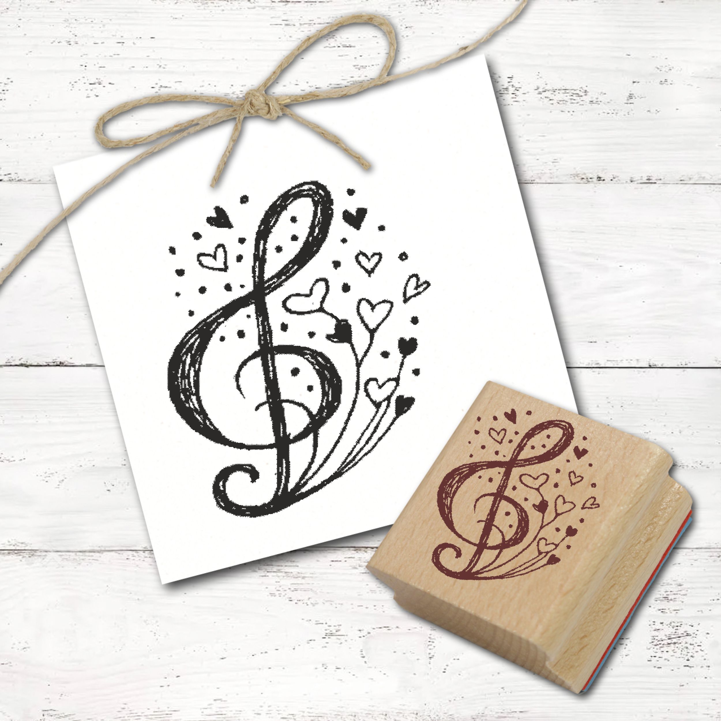 Motivstempel Notenschlüssel mit Herzen - Stempel Violinschlüssel Liebe Holzstempel 38 mm x 48 mm