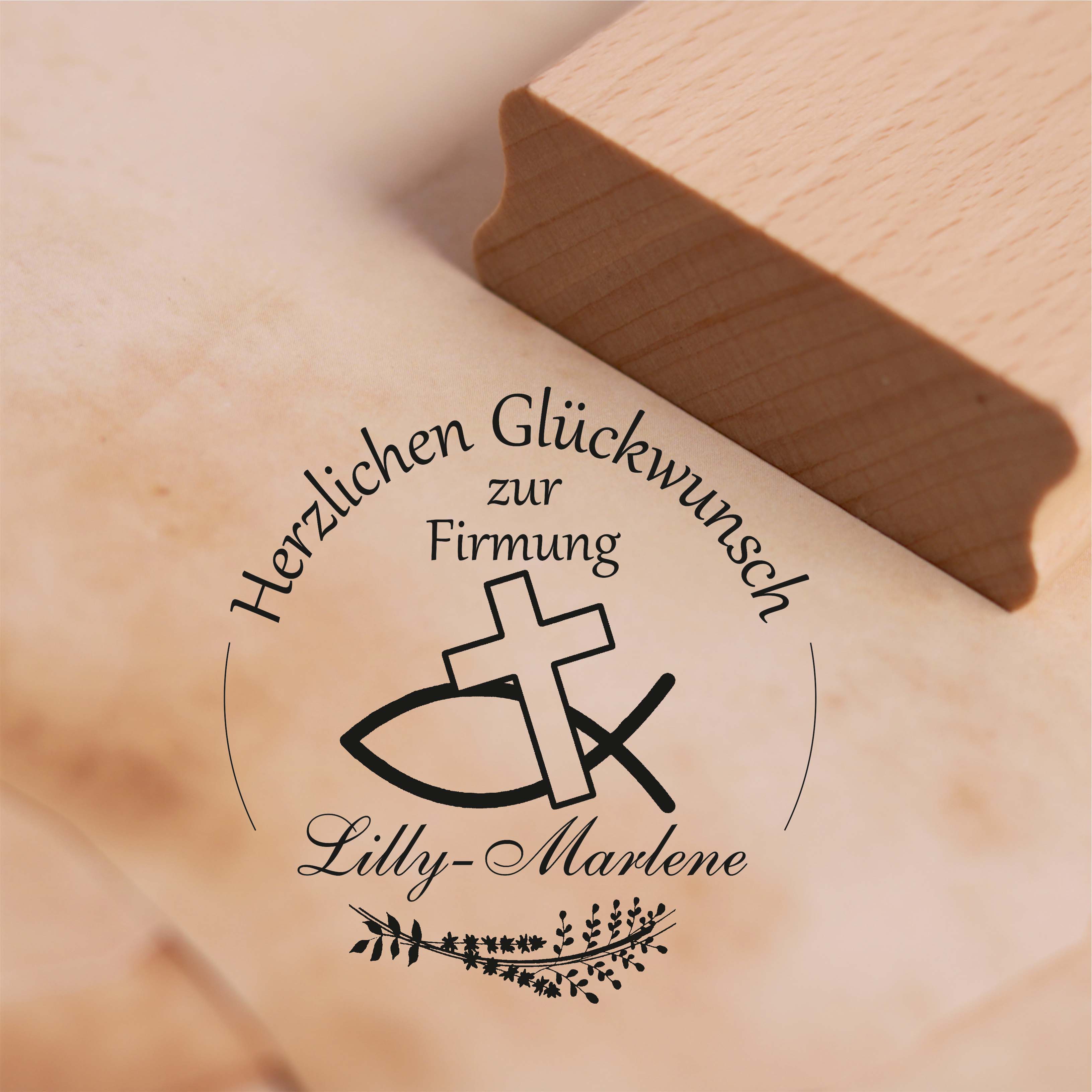 Stempel Herzlichen Glückwunsch zur Firmung - mit Name - Motiv Christenfisch Kreuz Motivstempel
