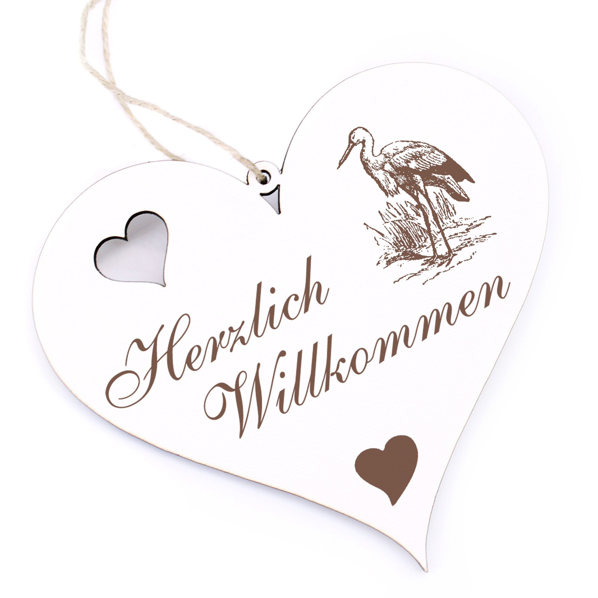 Herzlich Willkommen Schild - Storch - Deko Herz Holz