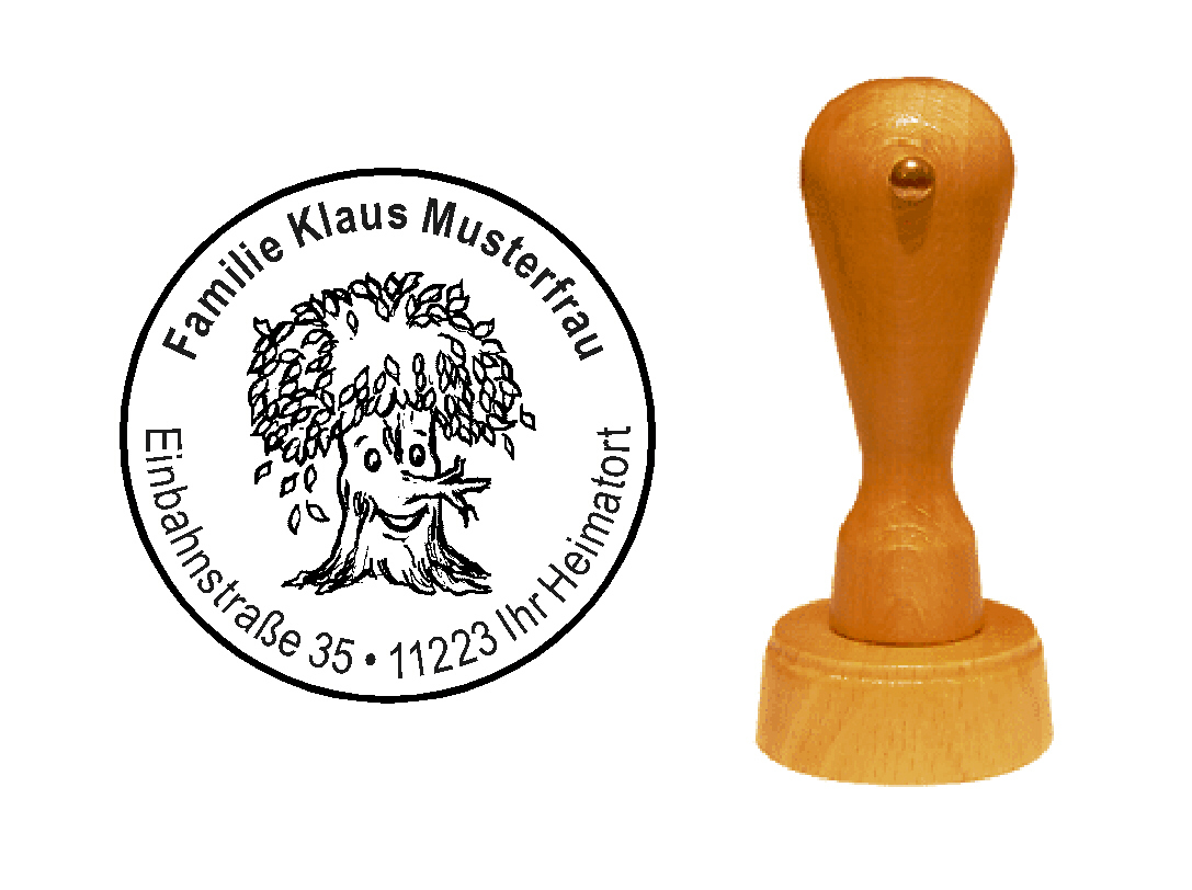 « Glücklicher Baum » Holzstempel mit persönlichem Wunschtext