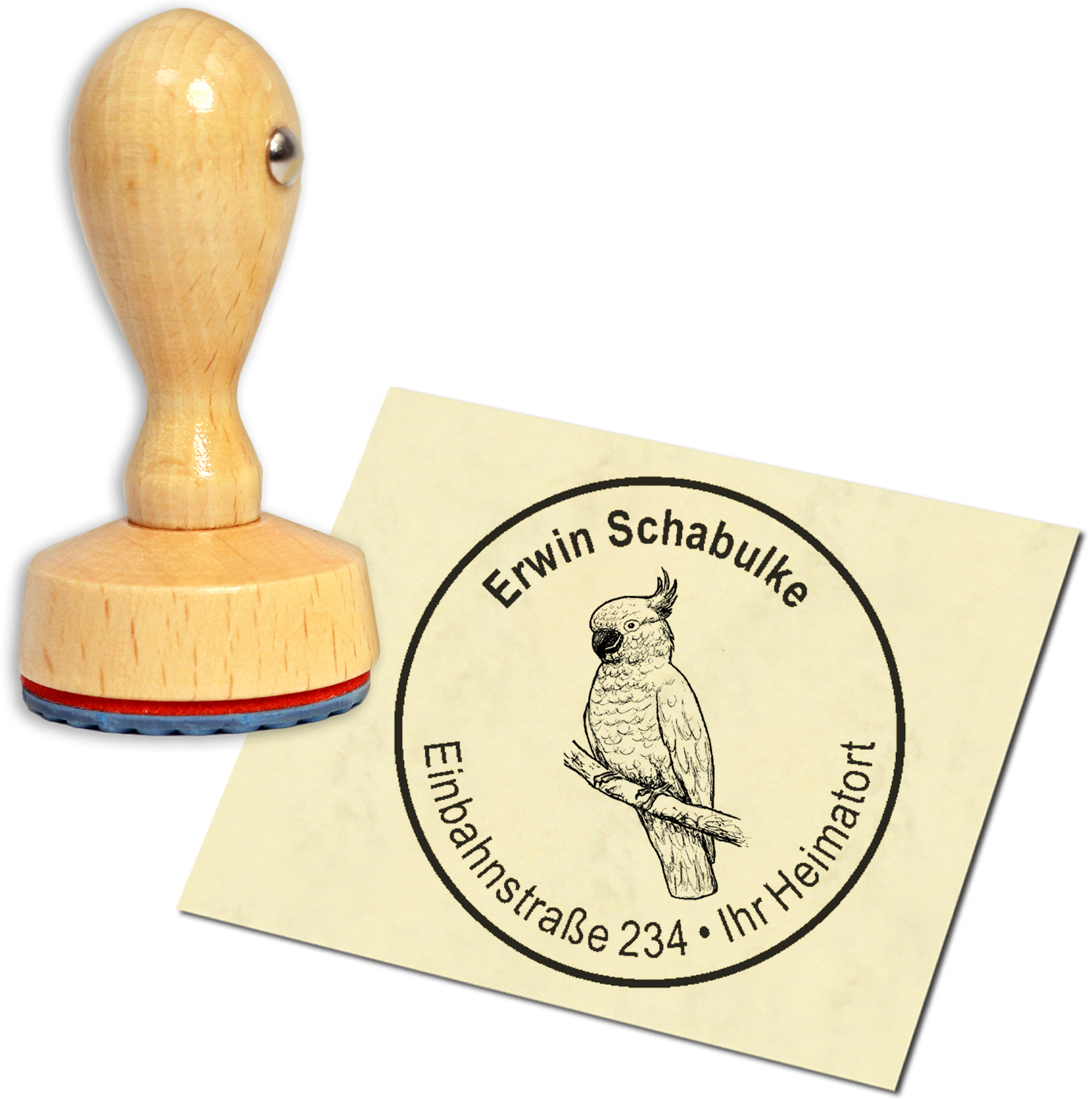 Stempel Adressstempel Holzstempel - Kakadu - rund 40mm