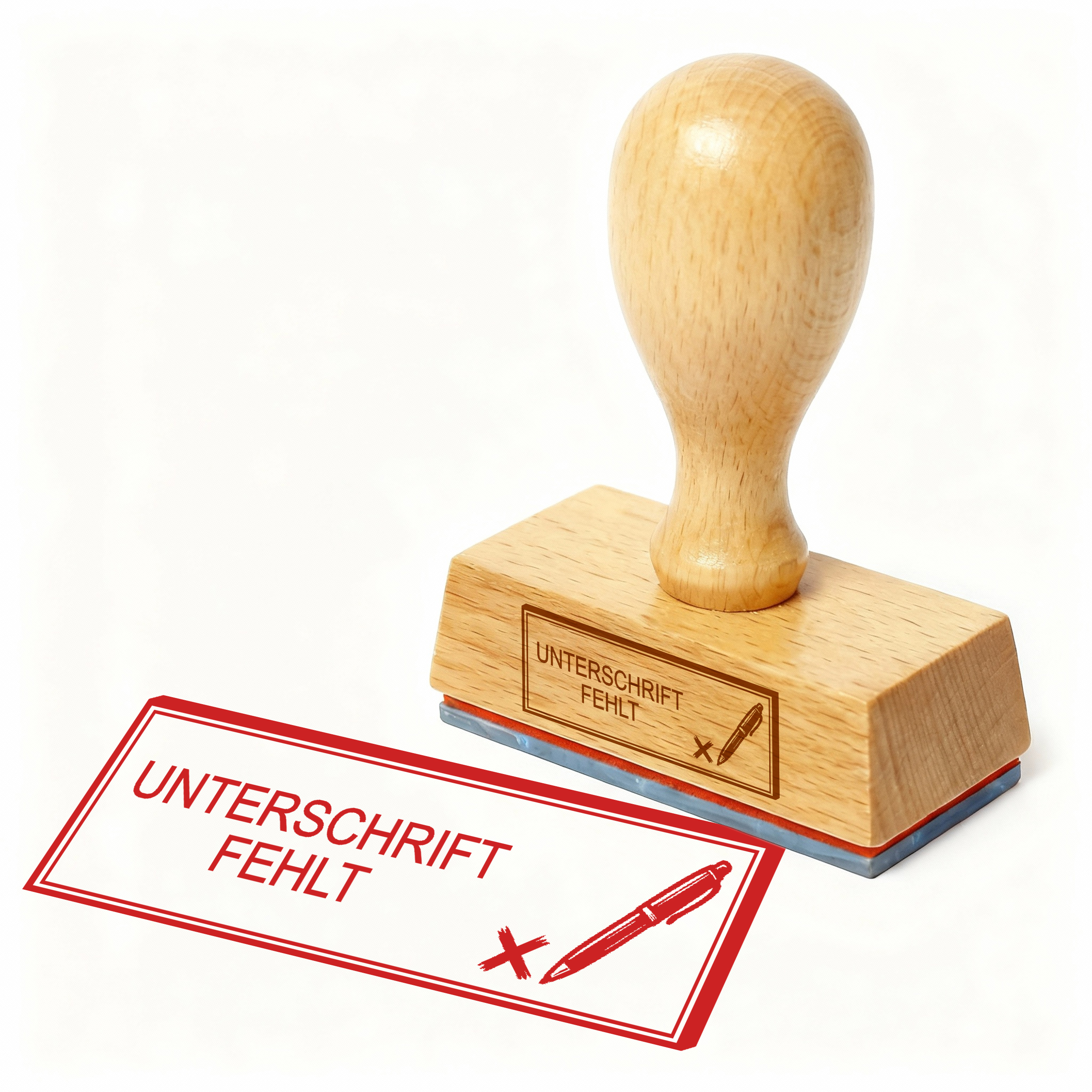 Bürostempel UNTERSCHRIFT FEHLT Stift über X Stempel – Holzstempel 48x18 mm für Dokumente - Signatur fehlt, unterschreiben erforderlich