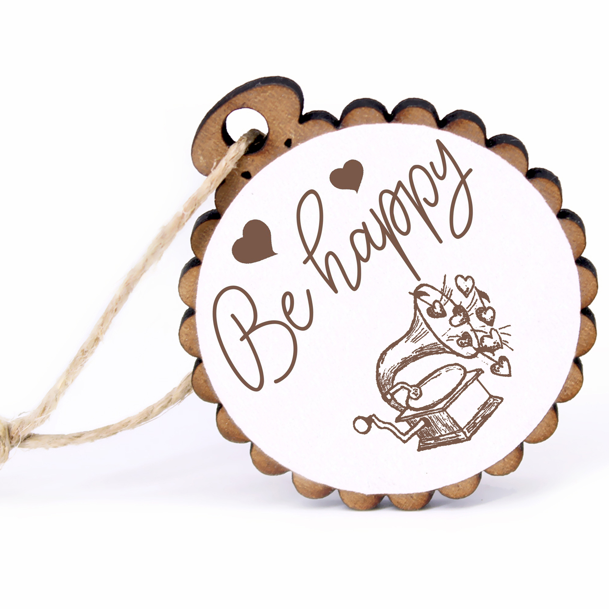 Geschenkanhänger - Be Happy Grammophon mit Herzen -  Holz Ø-5cm - mit Juteband