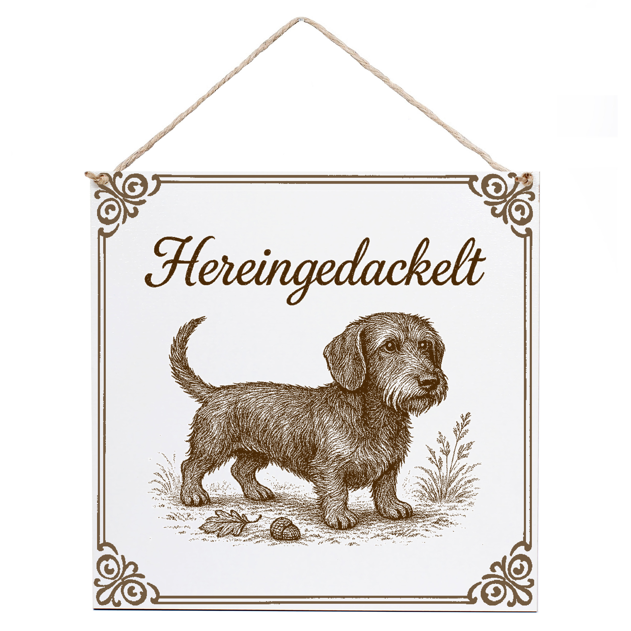 Dackel Schild Hereingedackelt – graviertes HDF Dekoschild 15x15 cm