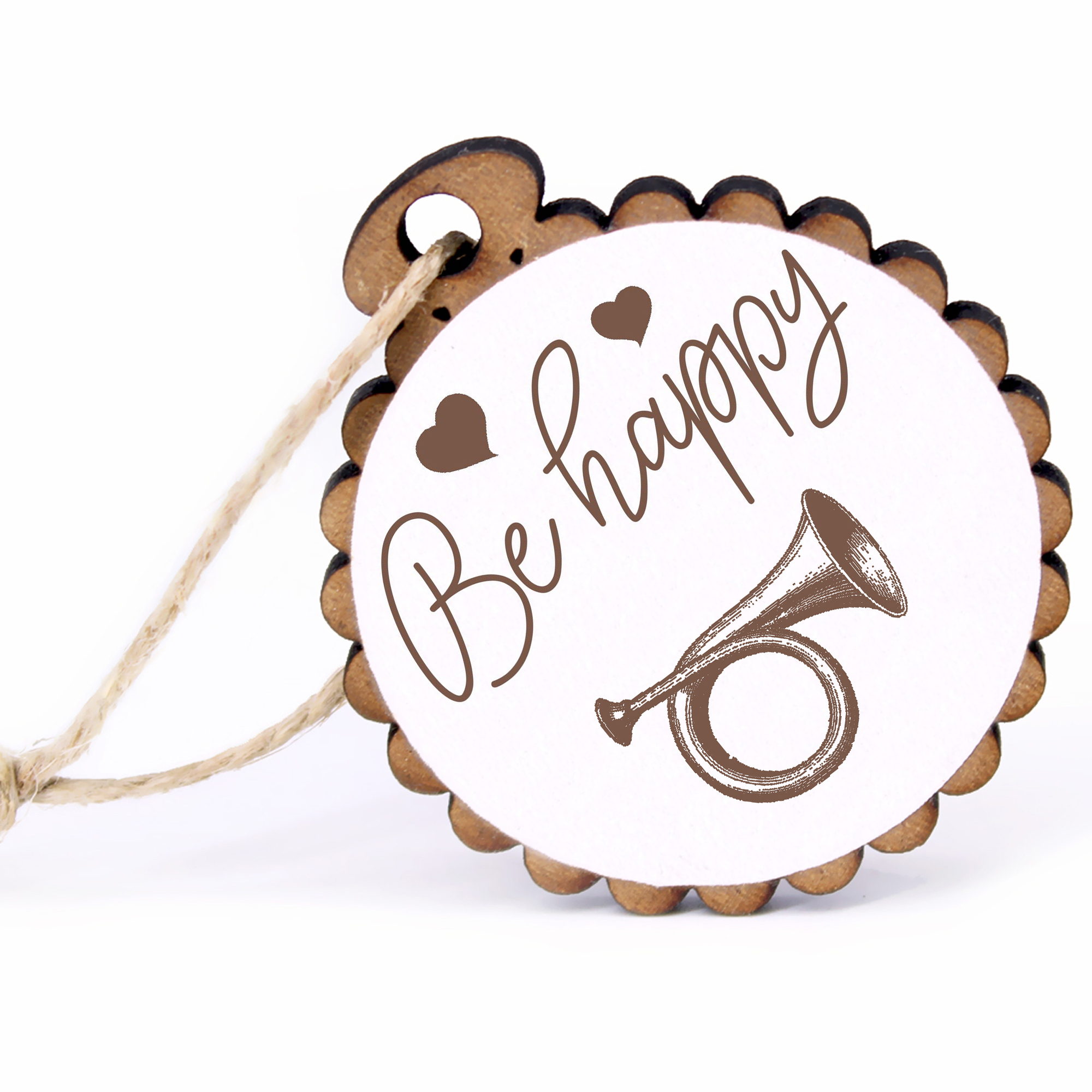 Geschenkanhänger - Be Happy Waldhorn -  Holz Ø-5cm - mit Juteband