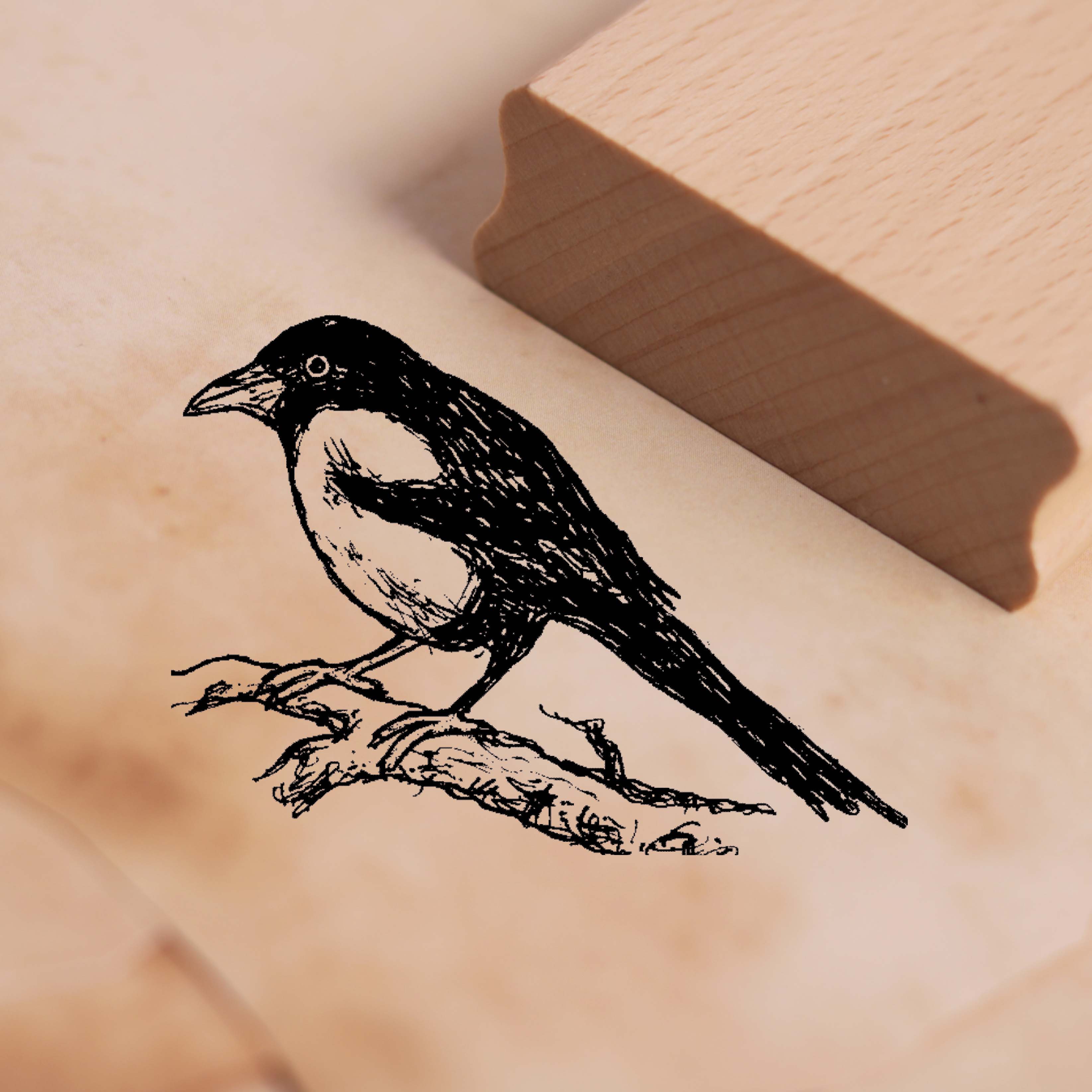 Motivstempel Elster auf Ast - Vogel Stempel Holzstempel 38 x 28 mm