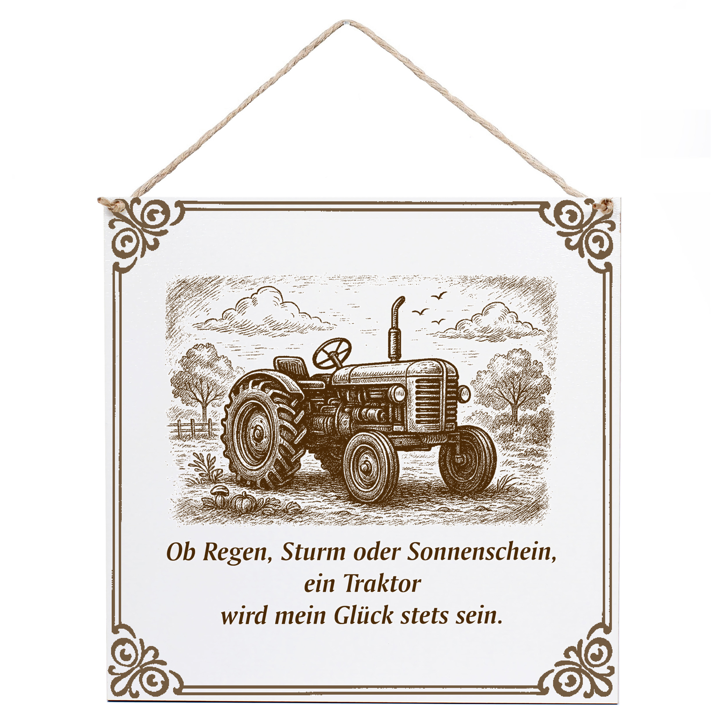 Dekoschild Traktor Glück 15×15 cm aus weißem HDF – Graviertes Spruchschild