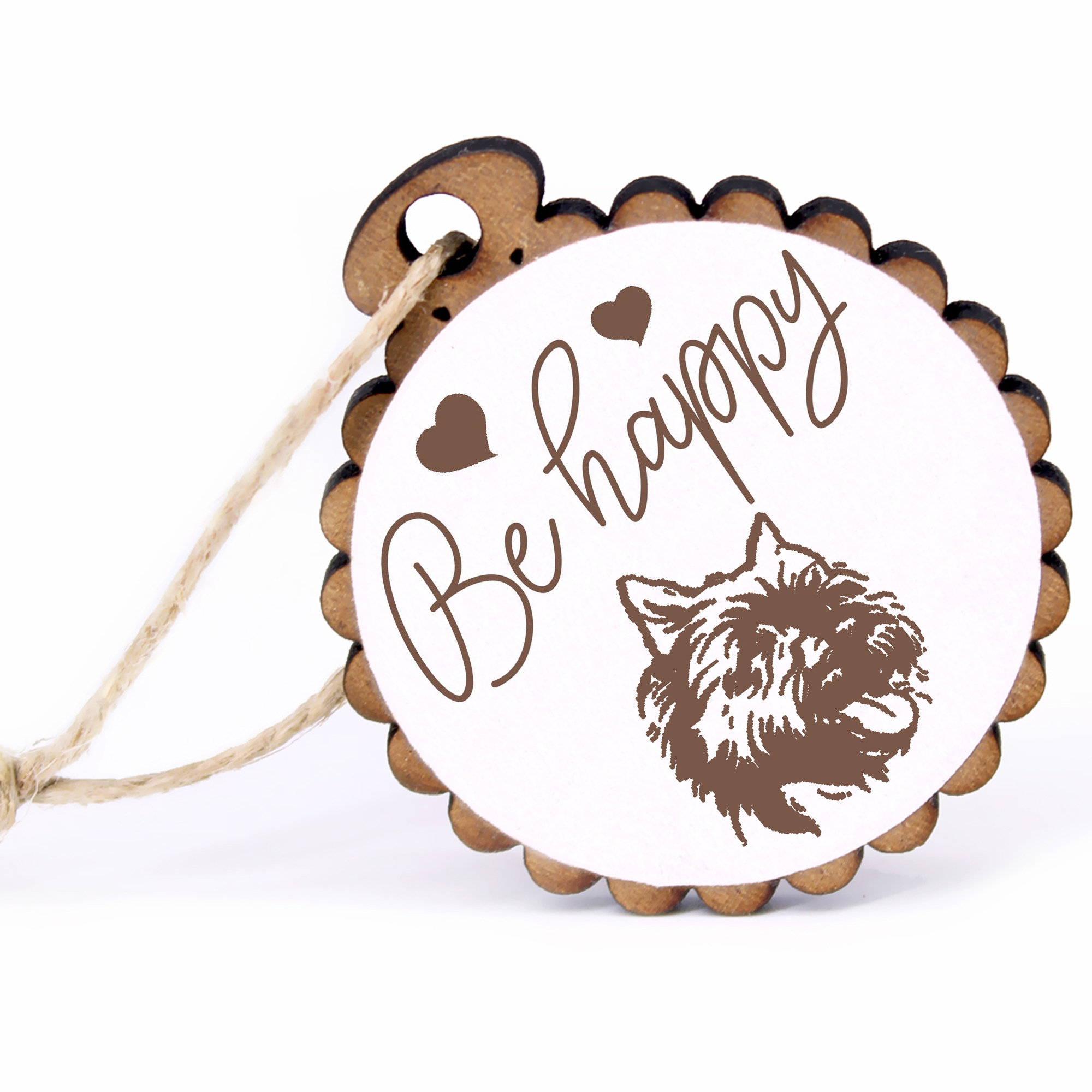 Geschenkanhänger - Be Happy Cairn Terrier -  Holz Ø-5cm - mit Juteband