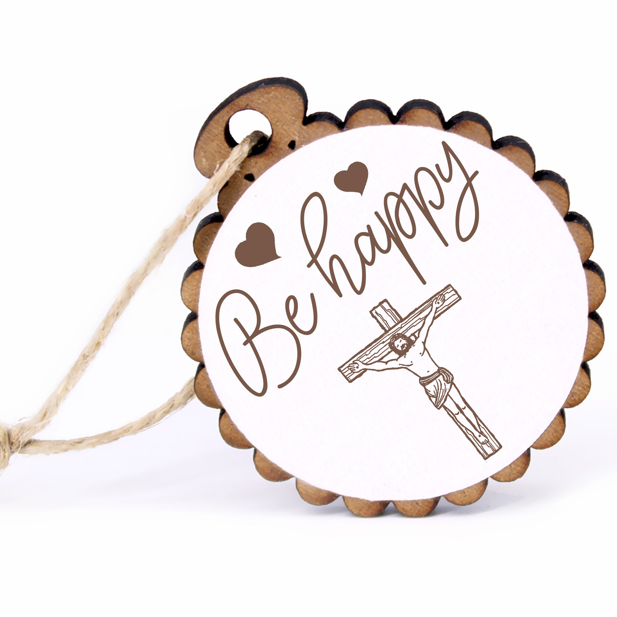 Geschenkanhänger - Be Happy Jesus -  Holz Ø-5cm - mit Juteband