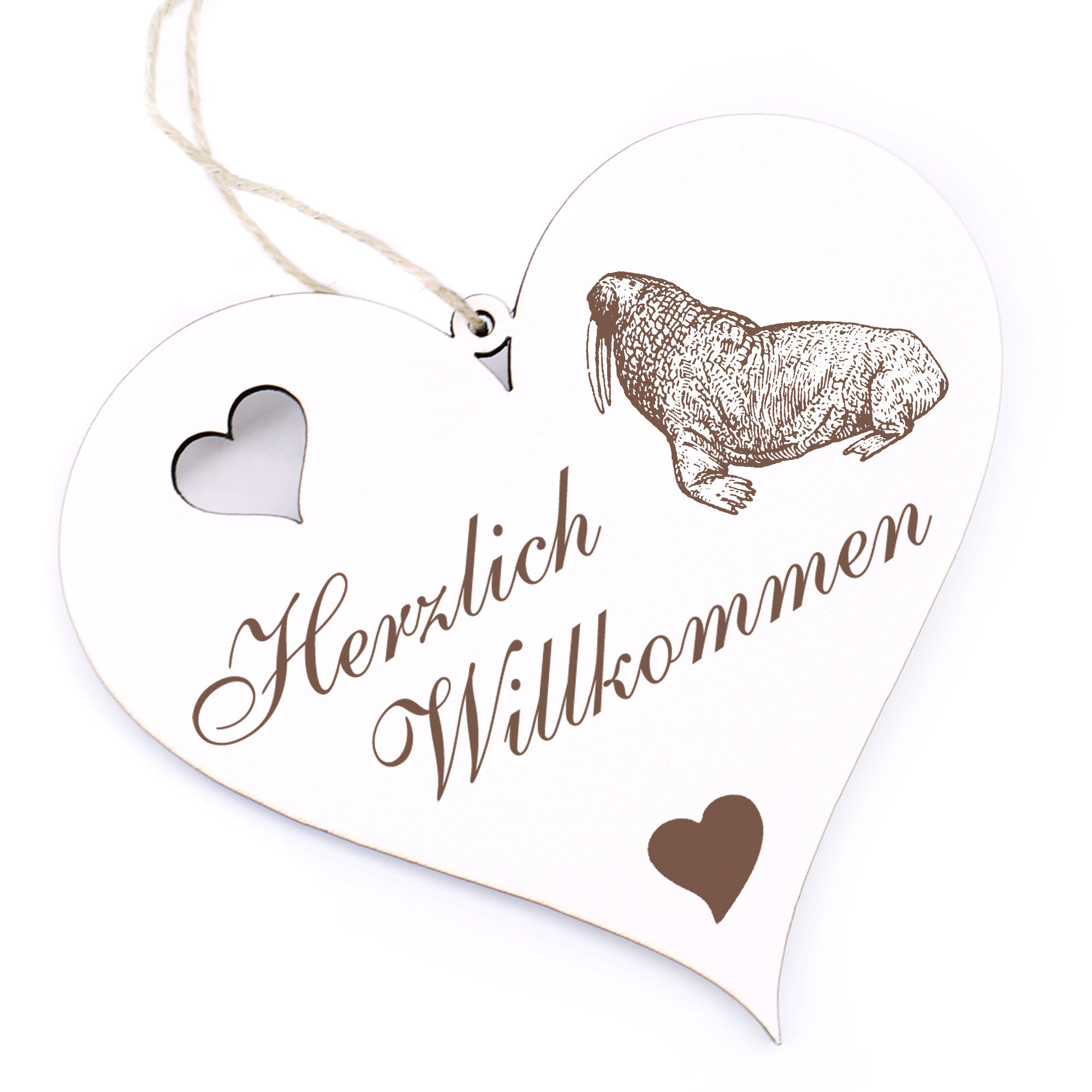 Herzlich Willkommen Schild - sitzendes Walross - Deko Herz Holz