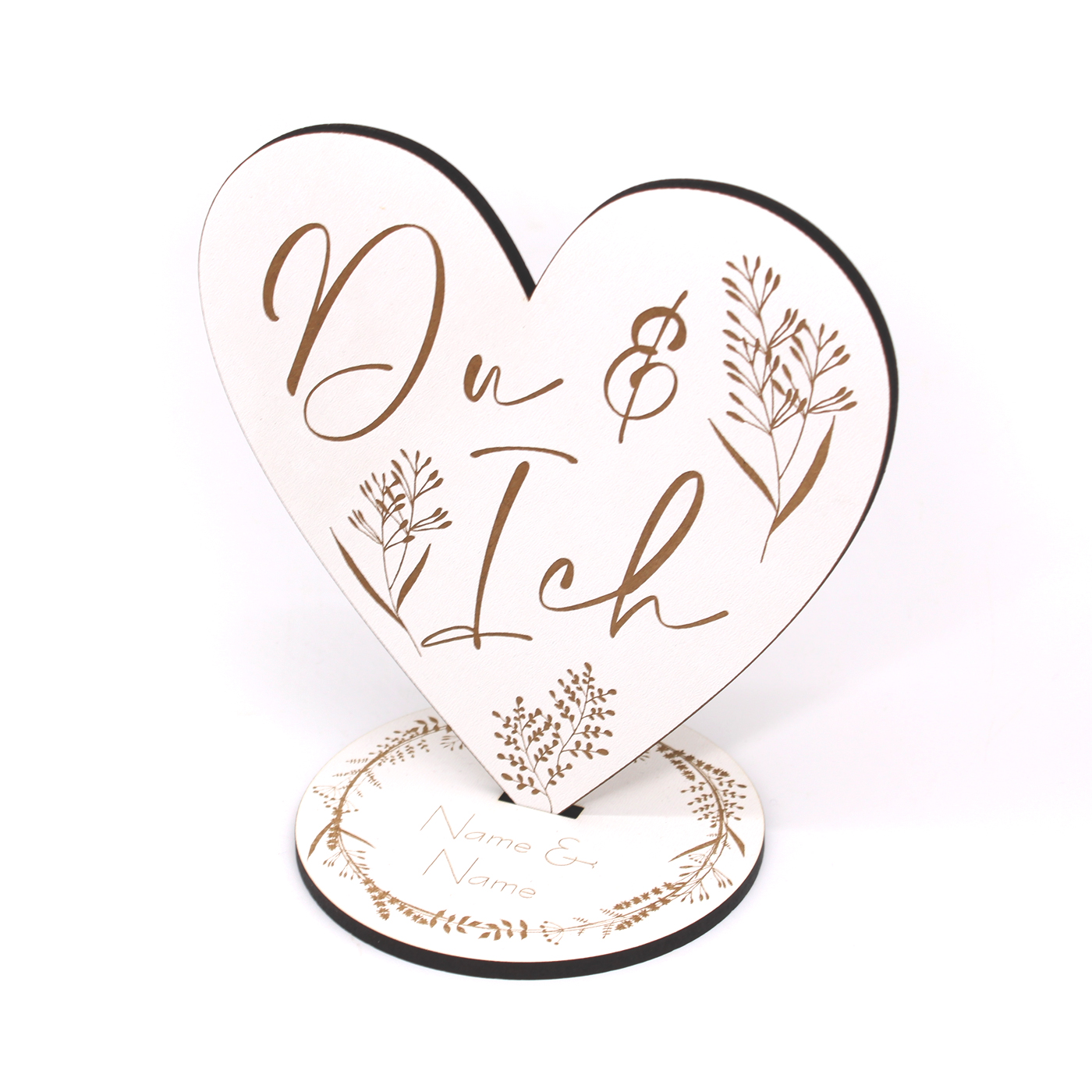 Dekoaufsteller Herz Du & Ich - Schild für Hochzeit mit Namen und Gräser Motiv 17x18cm