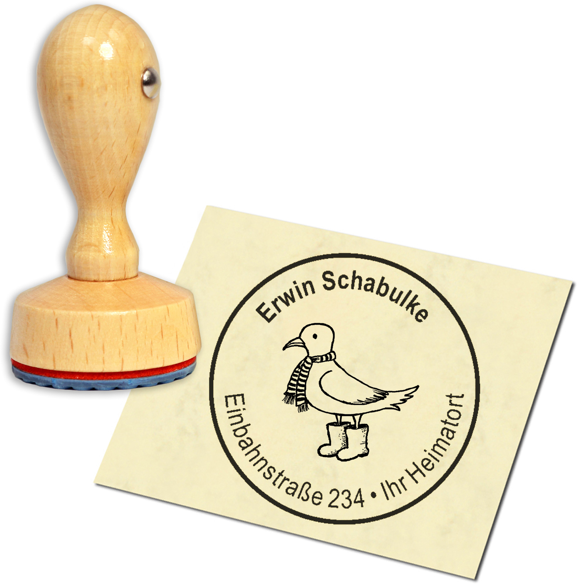 Stempel Adressstempel Holzstempel - Möwe mit Schal - rund 40mm