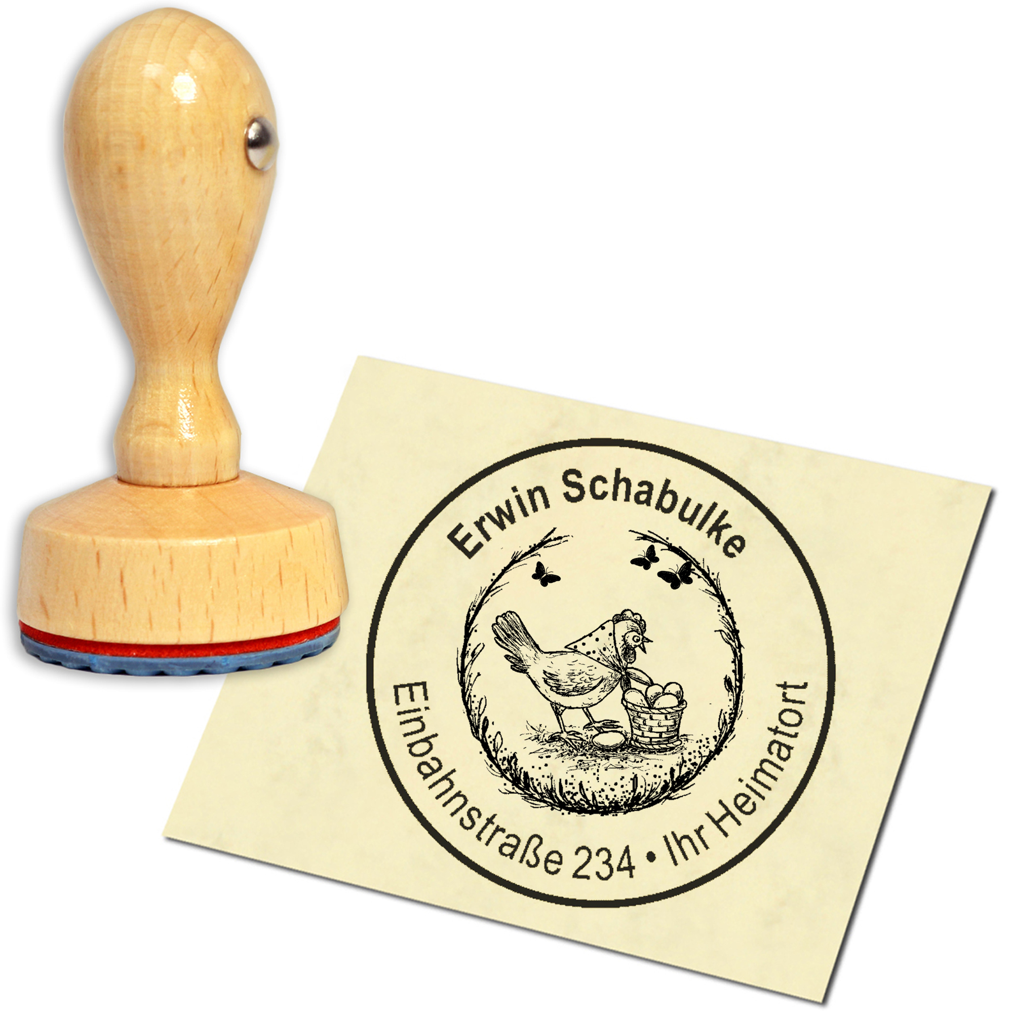 Stempel Adressstempel Holzstempel - Huhn mit Eierkorb - rund 40mm