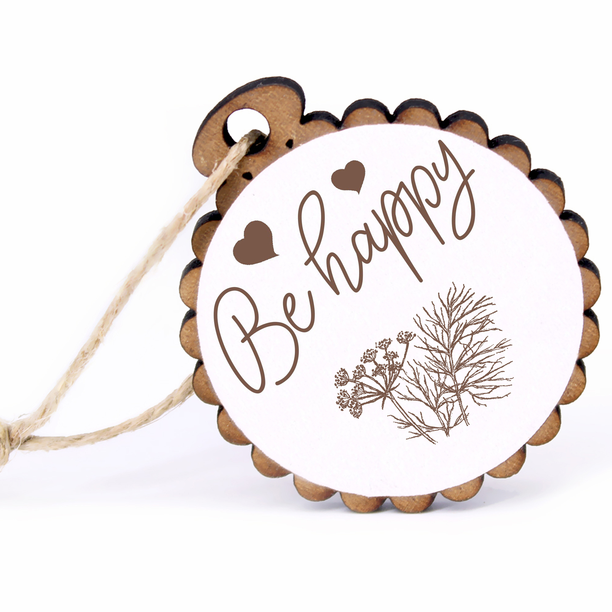 Geschenkanhänger - Be Happy Dill -  Holz Ø-5cm - mit Juteband