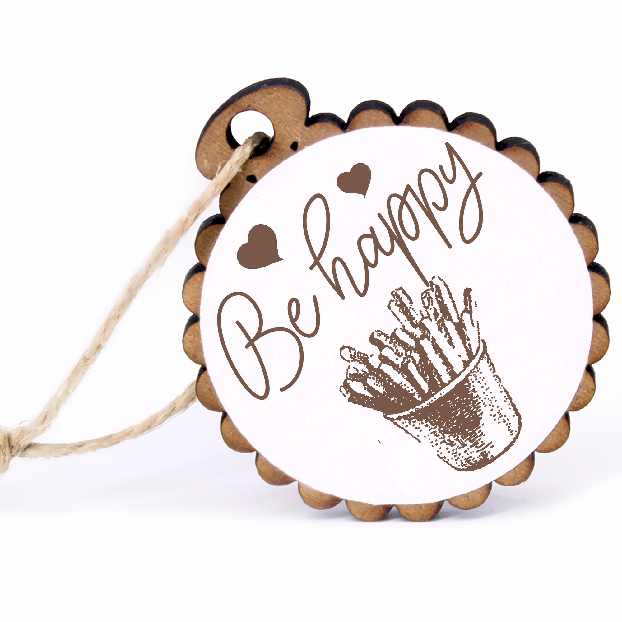 Geschenkanhänger - Be Happy Pommes -  Holz Ø-5cm - mit Juteband