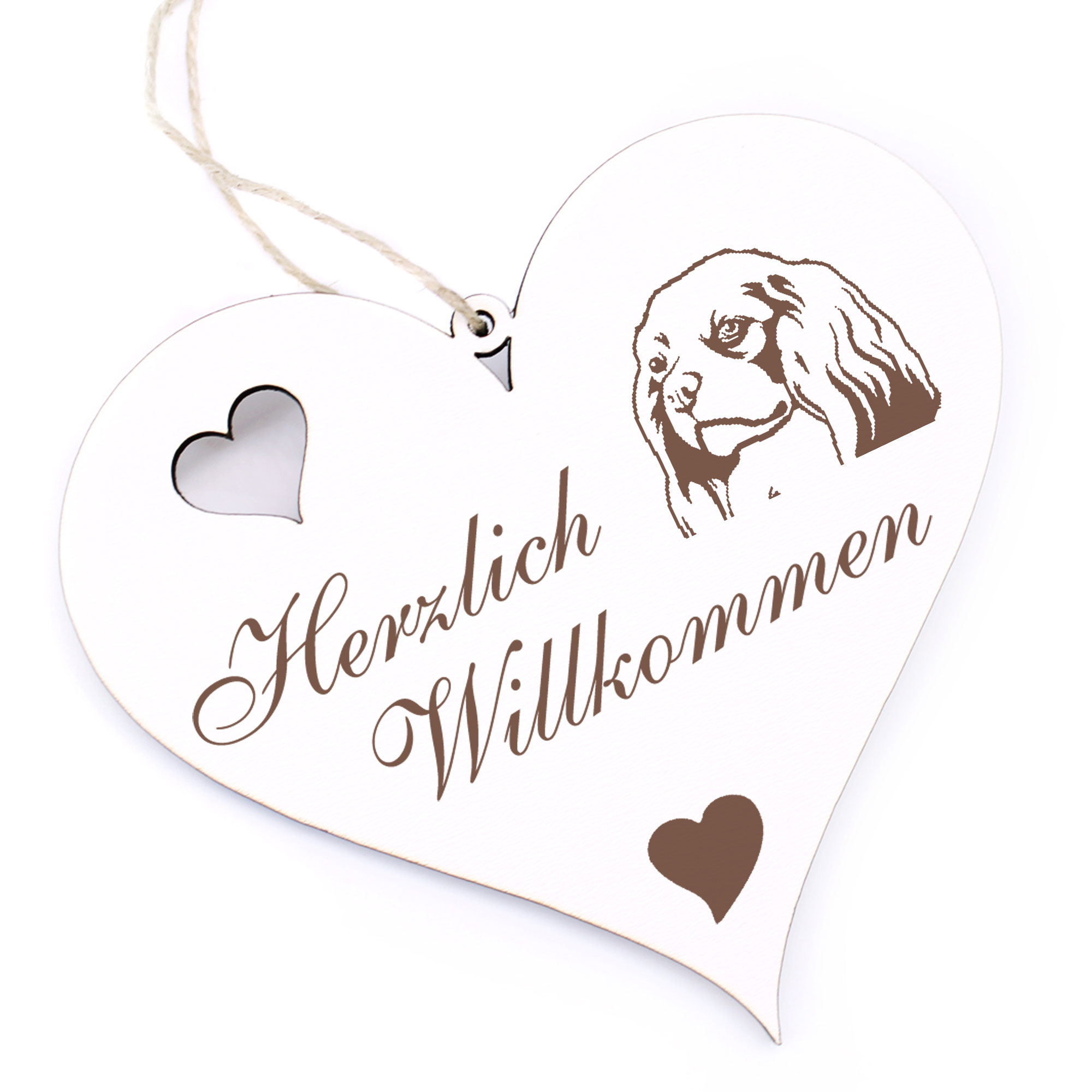 Herzlich Willkommen Schild - Cavalier King Charles Spaniel - Deko Herz Holz