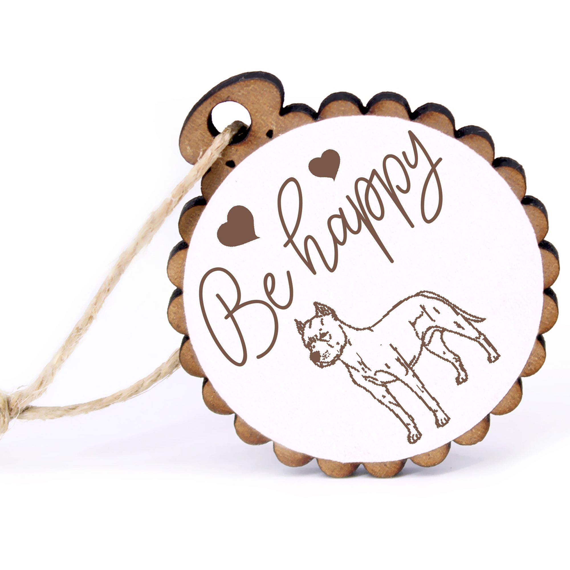 Geschenkanhänger - Be Happy Amstaff -  Holz Ø-5cm - mit Juteband
