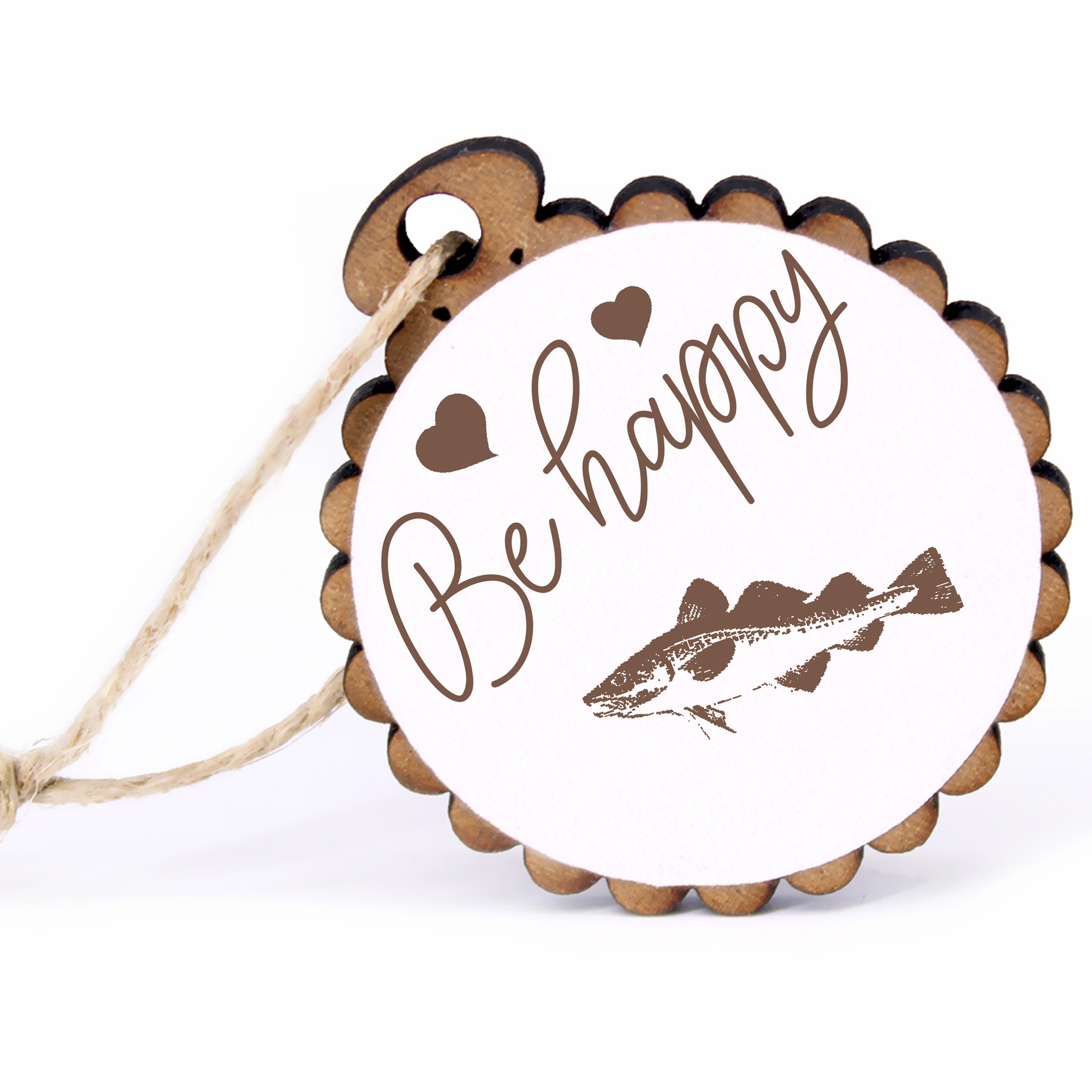 Geschenkanhänger - Be Happy Dorsch -  Holz Ø-5cm - mit Juteband