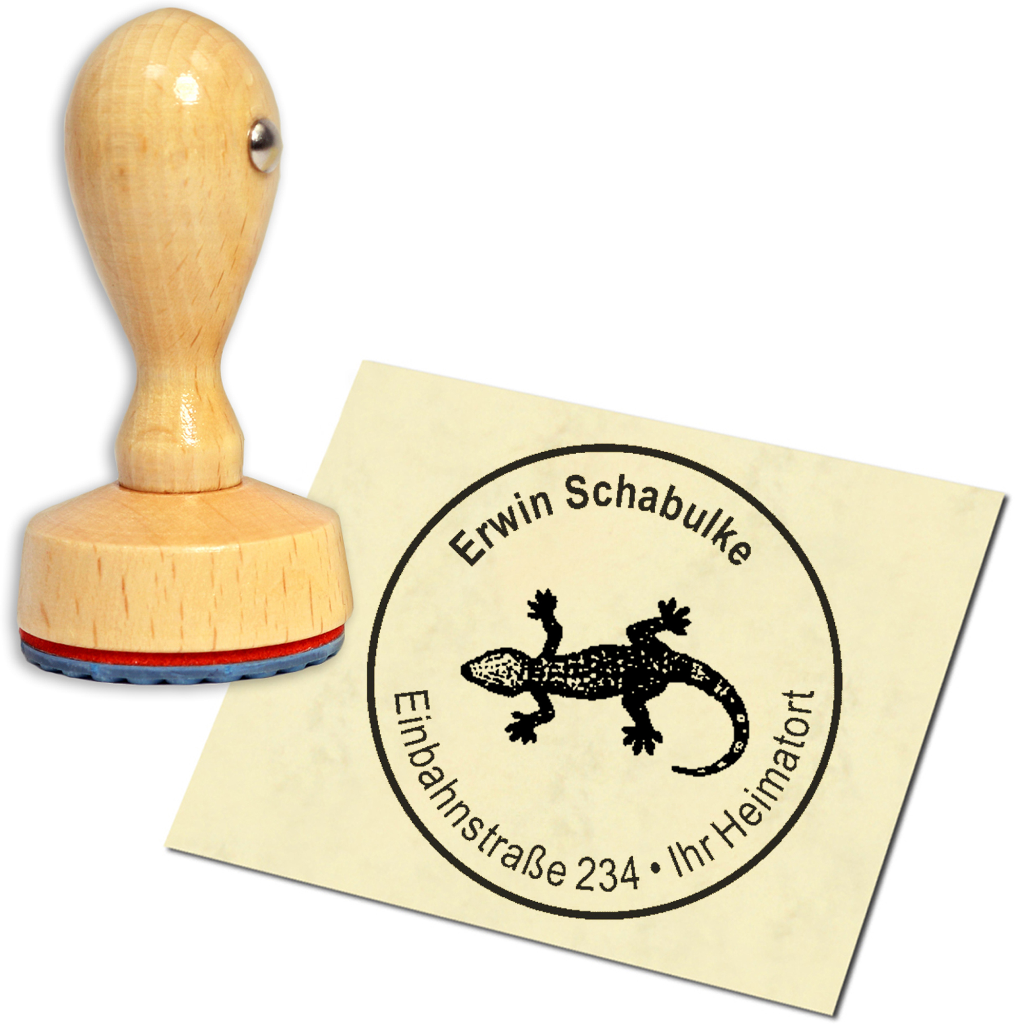 Stempel Adressstempel Holzstempel - Gecko - rund 40mm