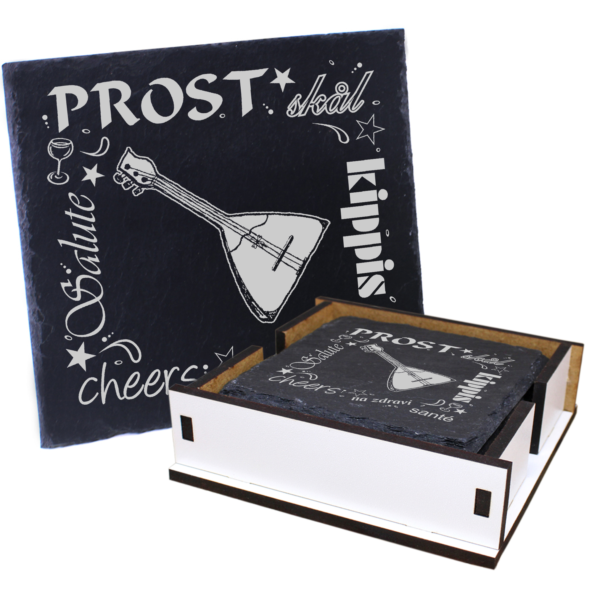 5 x Schiefer Untersetzer - Prost Balalaika - inkl. Holzbox & Flaschenuntersetzer