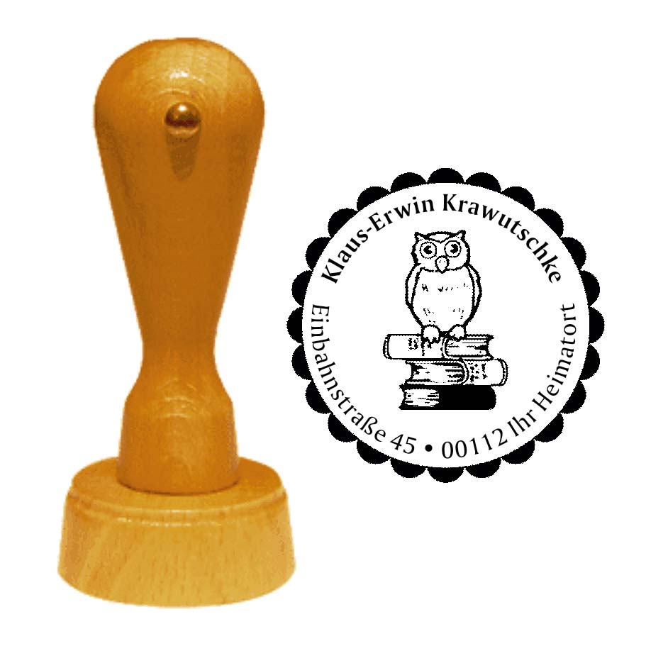 Adressenstempel « EULE auf BÜCHERN 01 » mit persönlichem Wunschtext