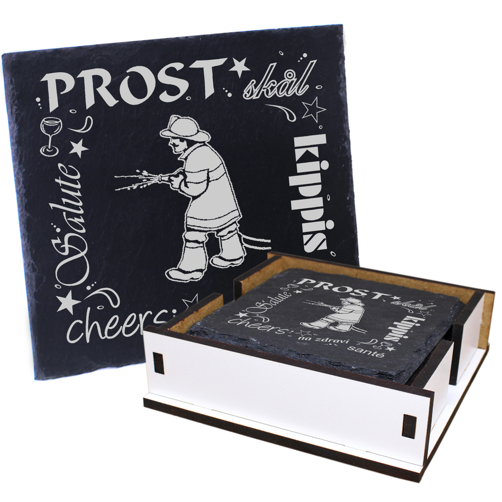 5 x Schiefer Untersetzer - Prost Feuerwehrmann - inkl. Holzbox & Flaschenuntersetzer