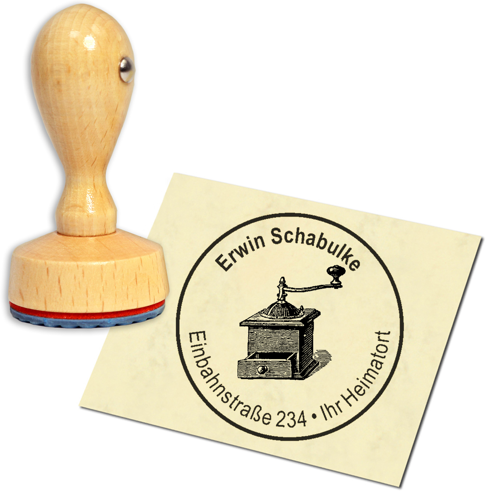 Stempel Adressstempel Holzstempel - Kurbel Kaffeemühle - rund 40mm