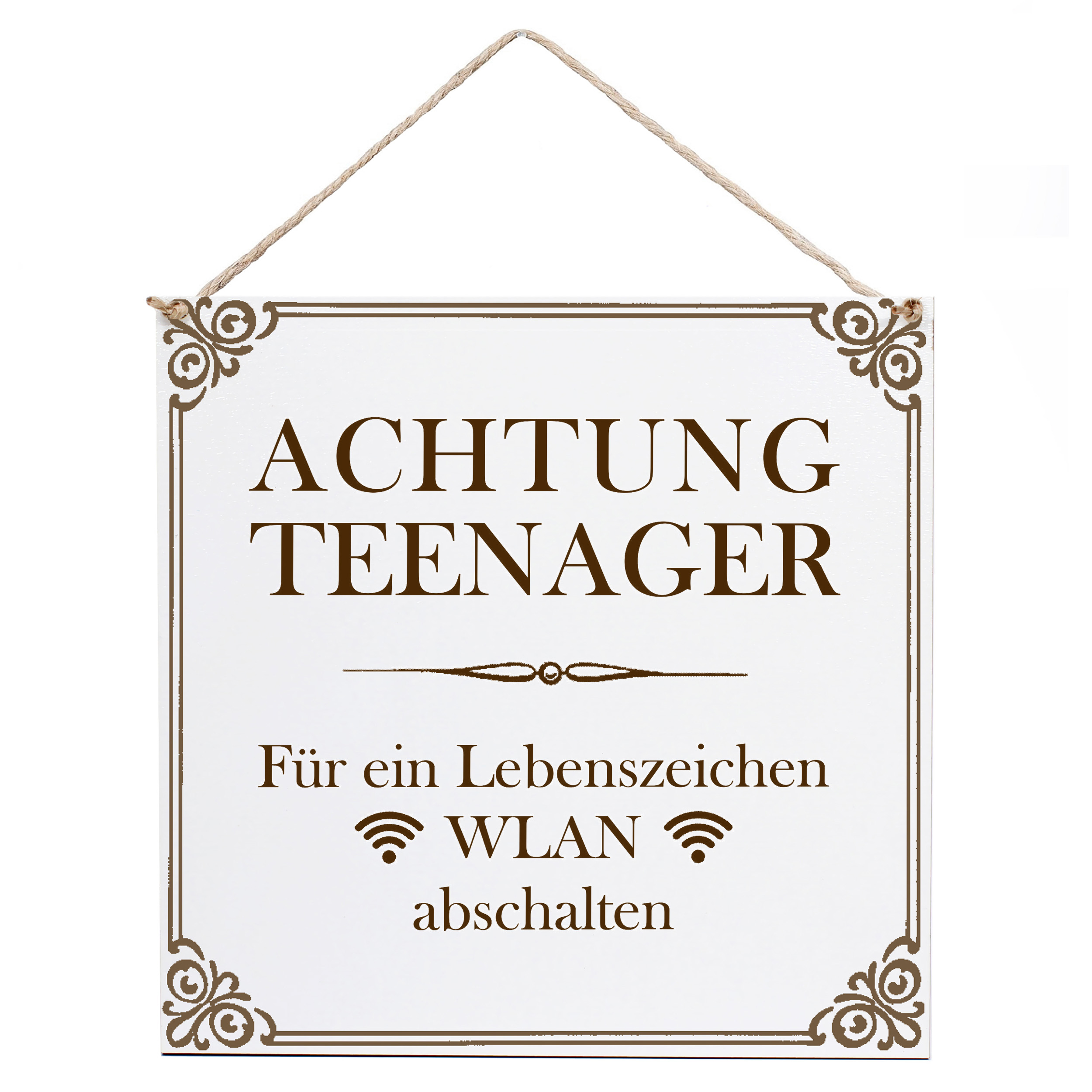 Dekoschild Achtung Teenager 15×15 cm aus weißem HDF – Graviertes Spruchschild