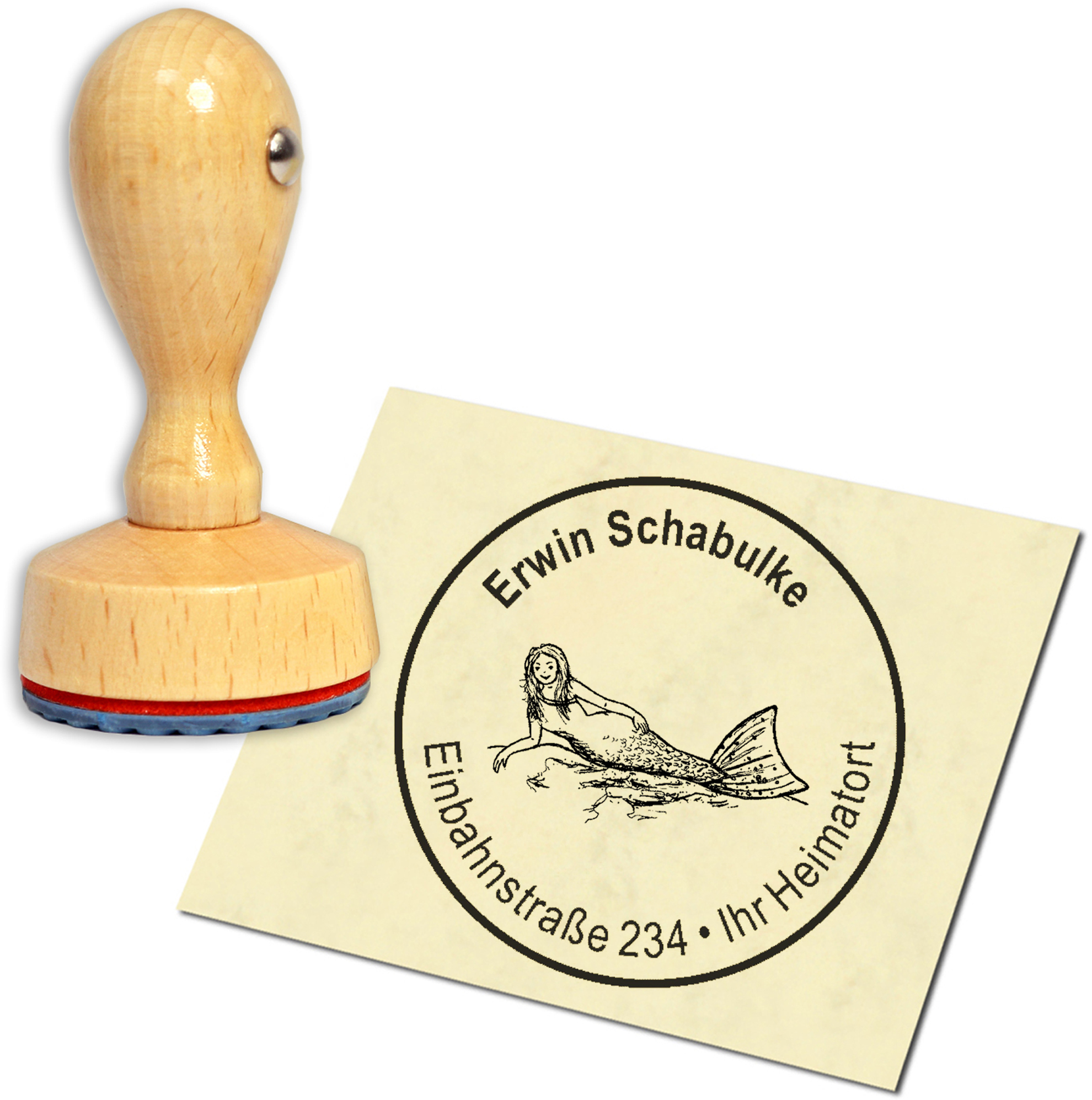 Stempel Adressstempel Holzstempel - liegende Meerjungfrau - rund 40mm