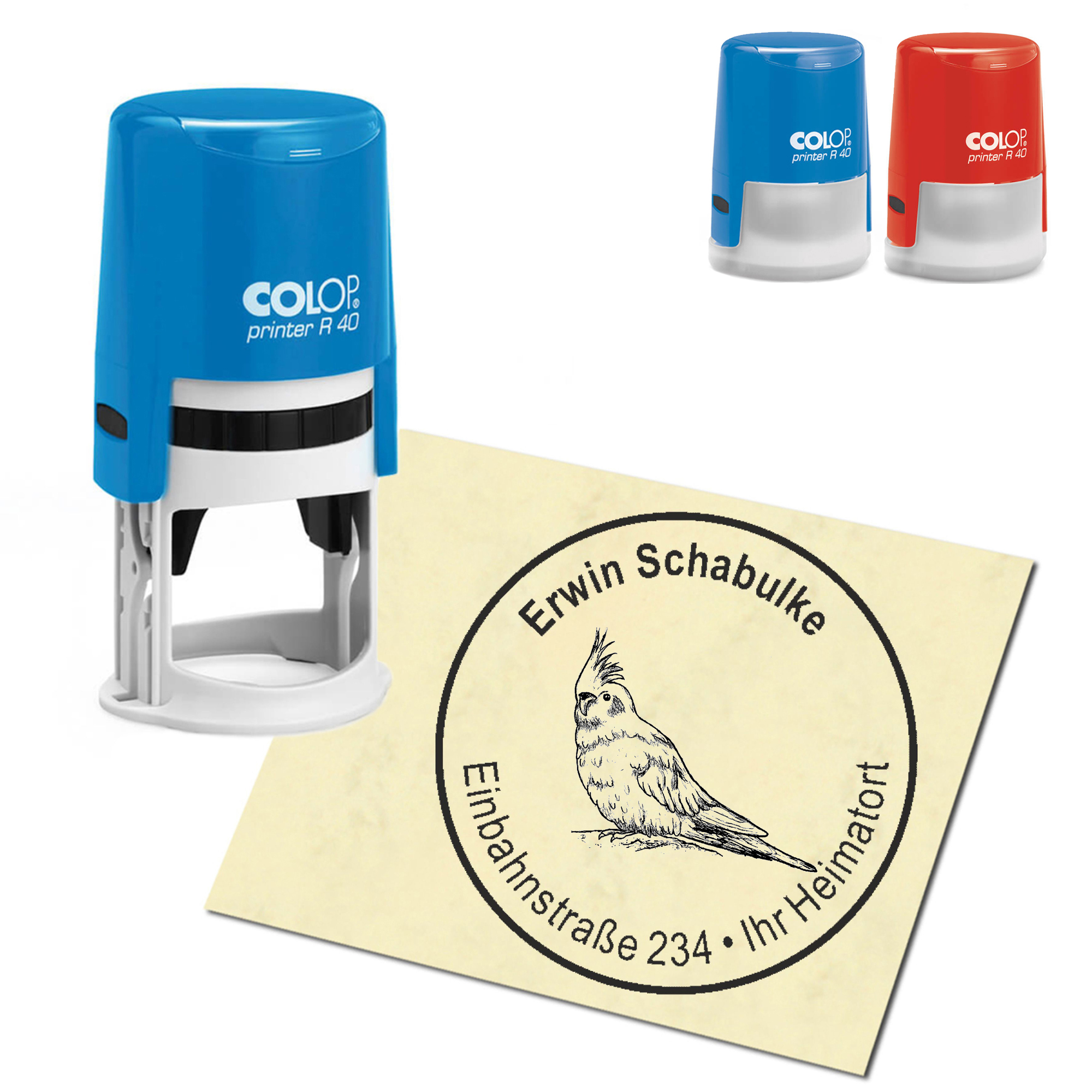 Stempel Adressstempel personalisiert - Nymphensittich - rund &empty; 40mm