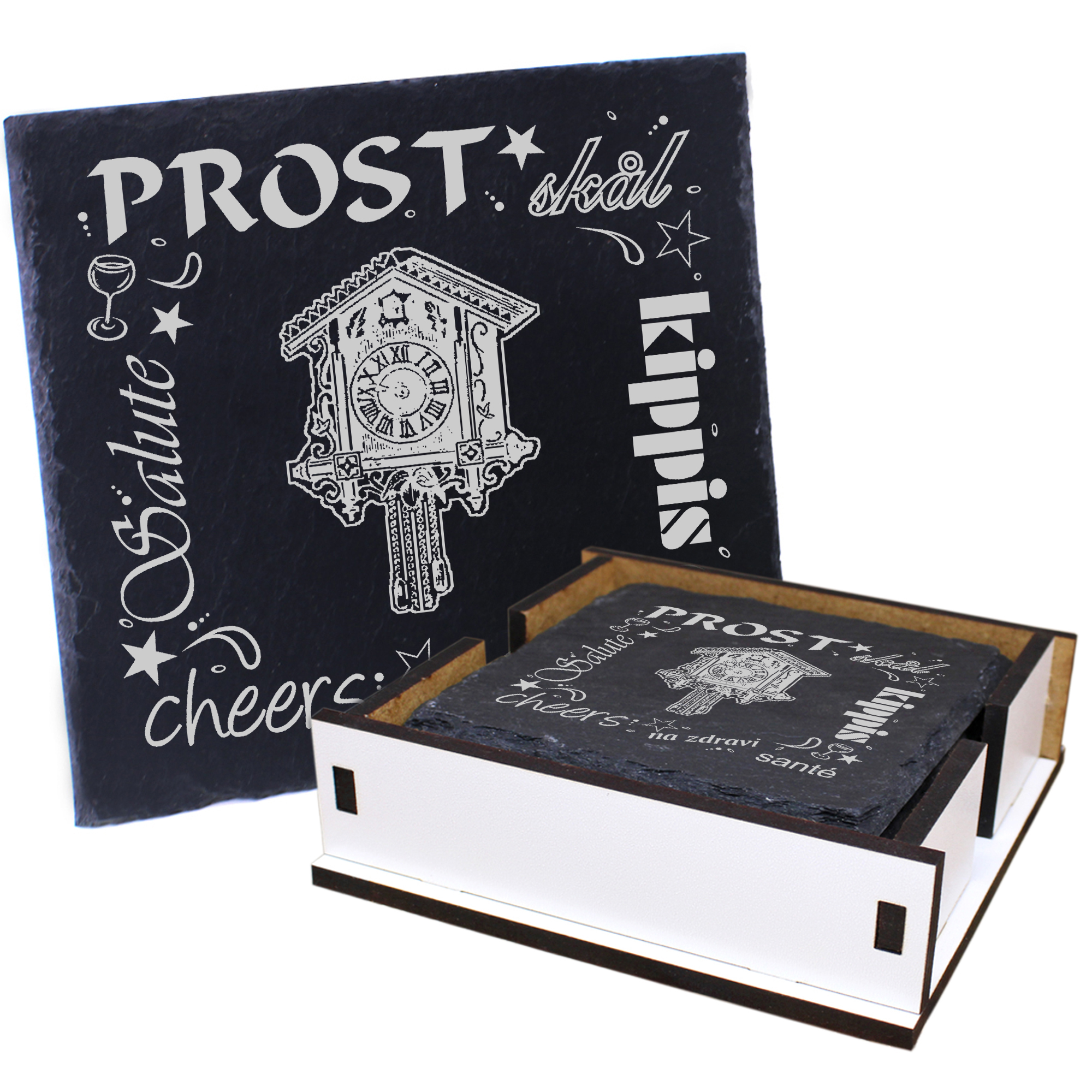 5 x Schiefer Untersetzer - Prost Kuckucksuhr - inkl. Holzbox & Flaschenuntersetzer