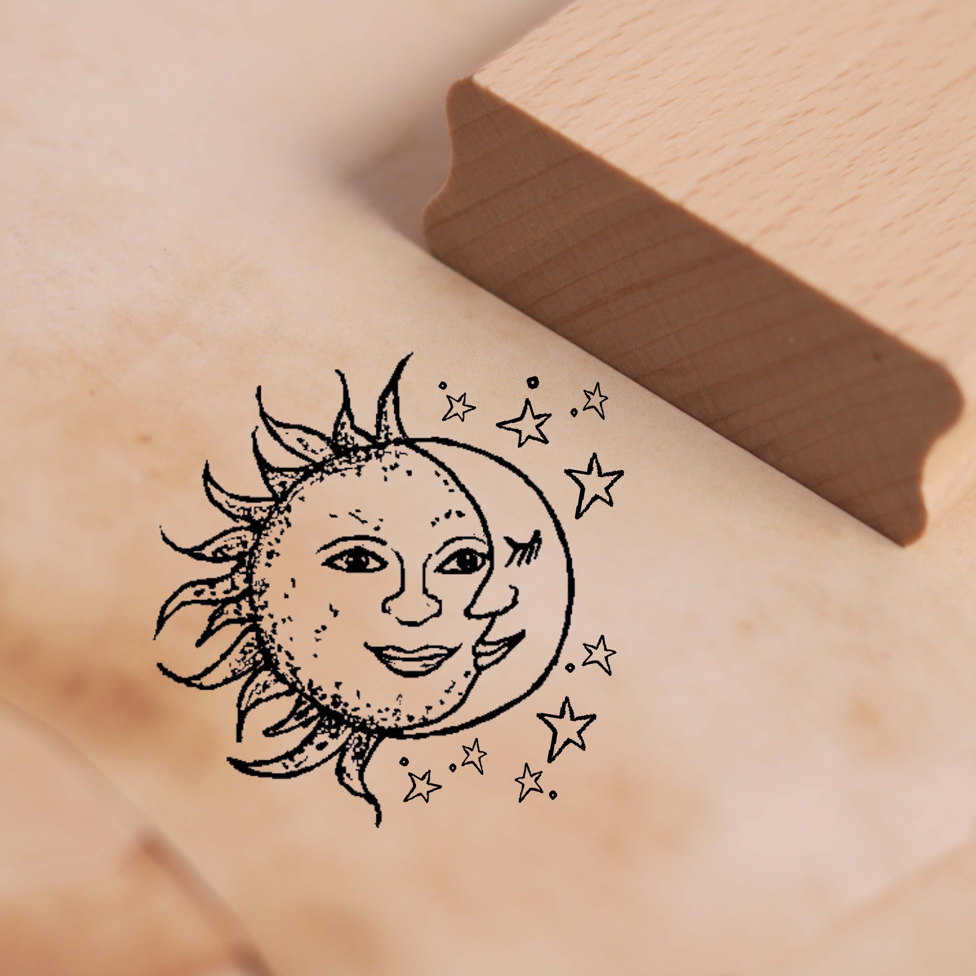 Motivstempel Sonne vereint mit Mond und Sternen - Stempel Holzstempel 48 x 48 mm