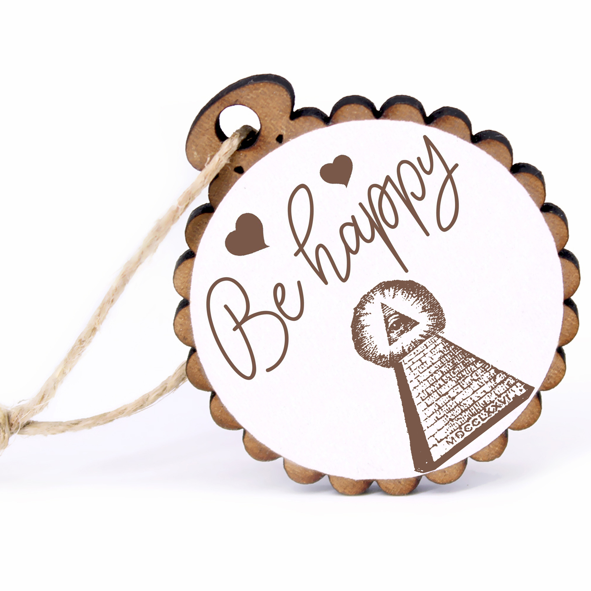Geschenkanhänger - Be Happy Freimaurerpyramide -  Holz Ø-5cm - mit Juteband