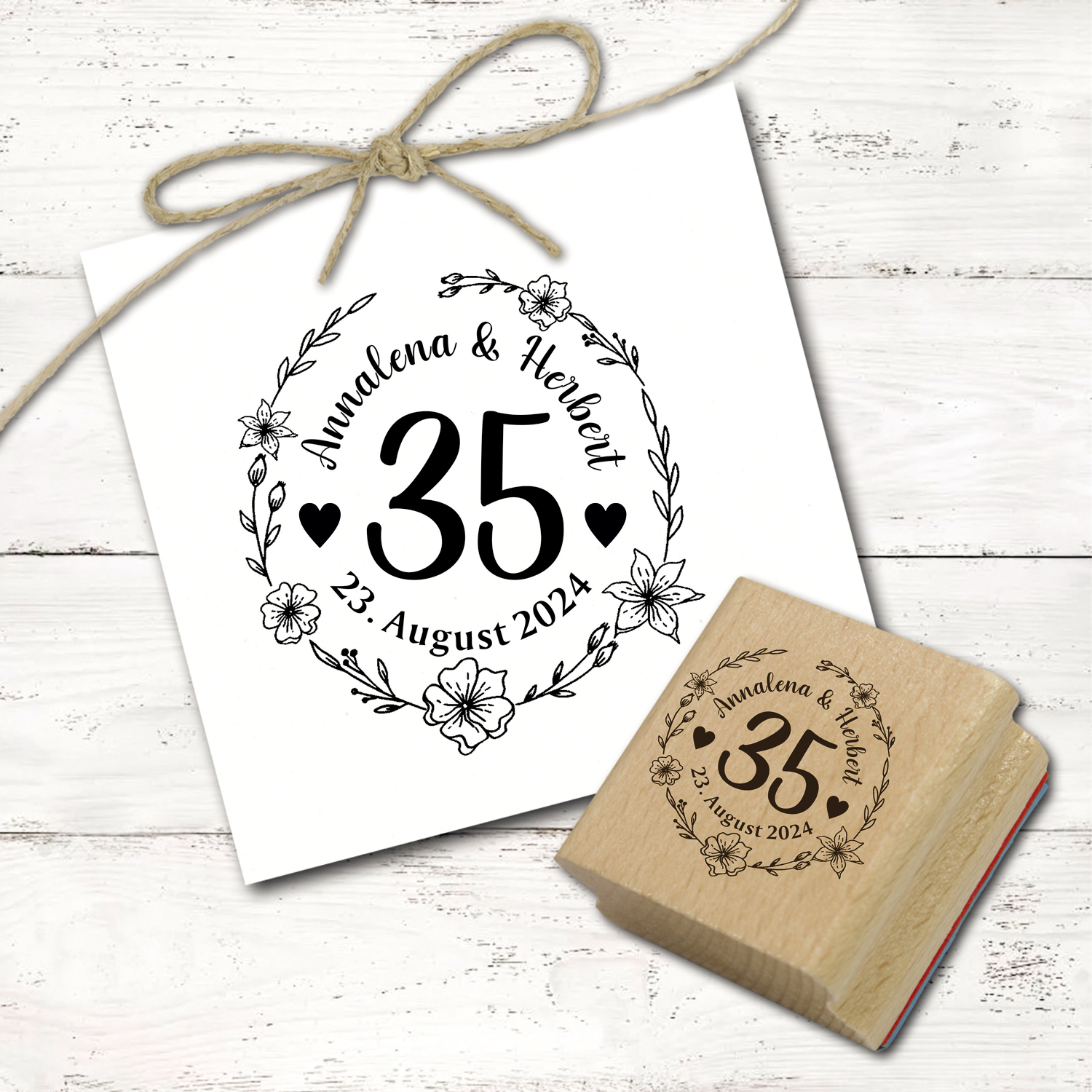 Motivstempel Hochzeit 35.  Hochzeitstag mit Namen, Datum und Zahl 35 Jahre - Blumen Kranz - Abdruck Ø 48 mm