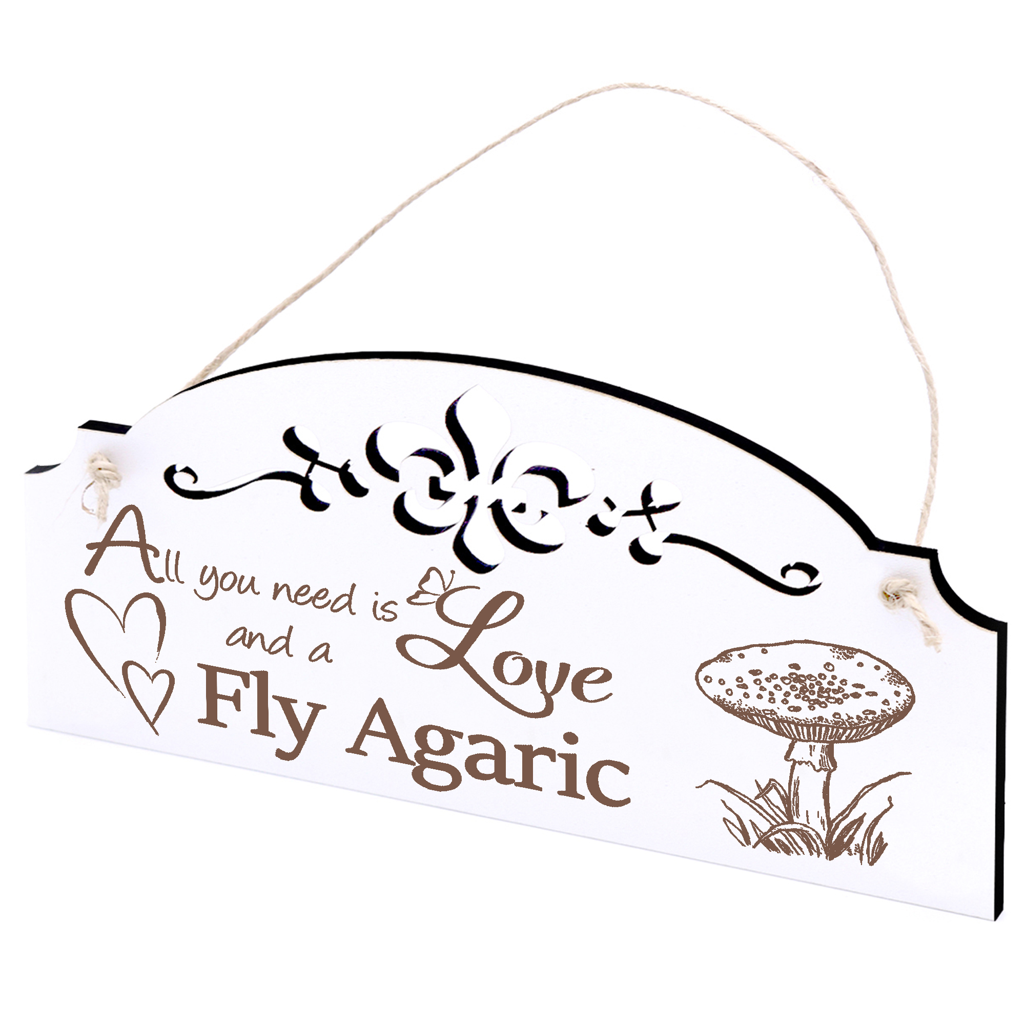 Schild Fliegenpilz Deko 20x10cm - All you need is Love and a Fly Agaric - Holz