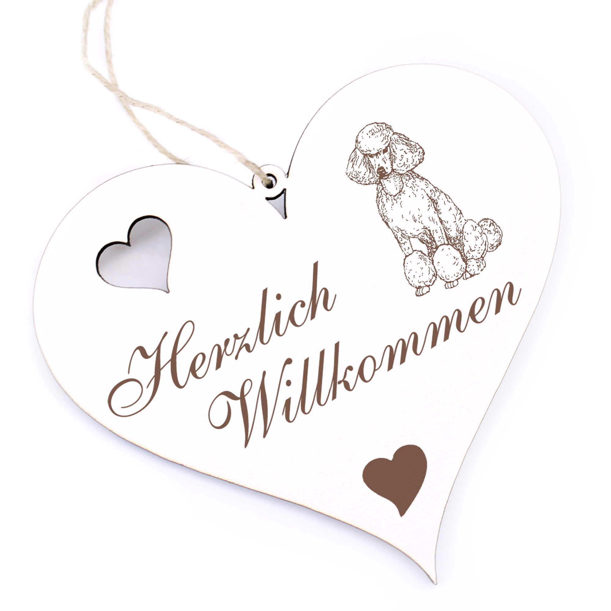 Herzlich Willkommen Schild - sitzender Pudel - Deko Herz Holz
