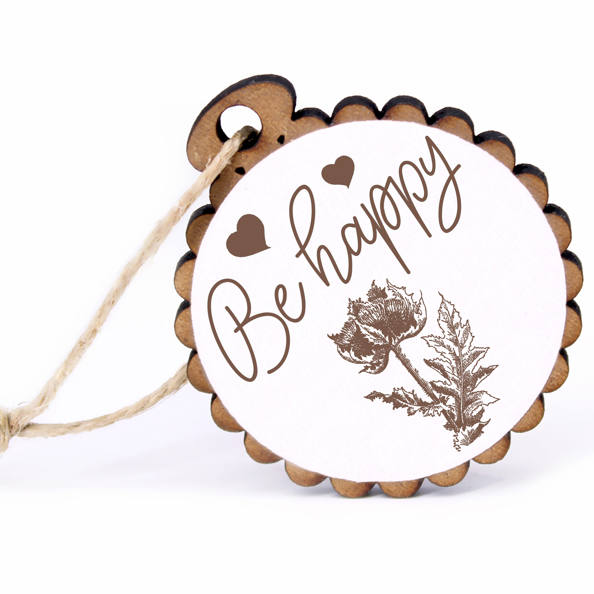 Geschenkanhänger - Be Happy Distel -  Holz Ø-5cm - mit Juteband