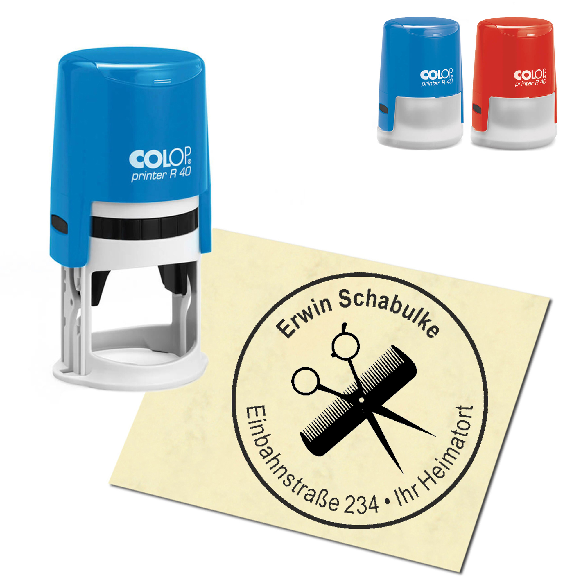 Stempel Adressstempel personalisiert - Friseur Schere und Kamm - rund &empty; 40mm