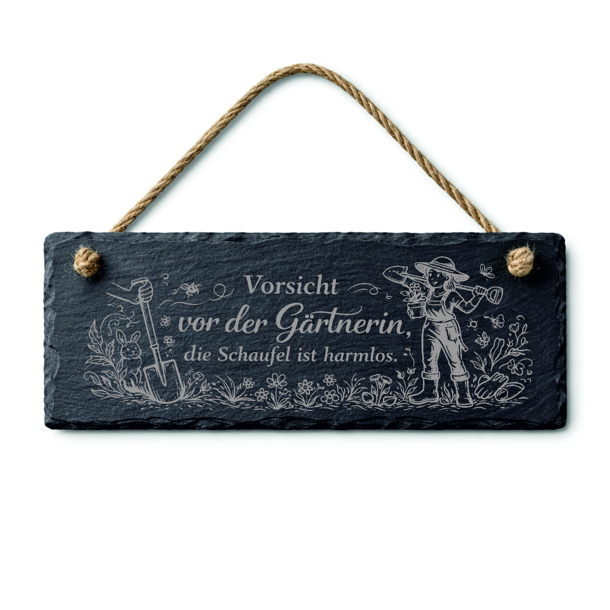 Schiefertafel Garten Vorsicht vor der Gärtnerin, die Schaufel ist harmlos  - 22 x 8 cm