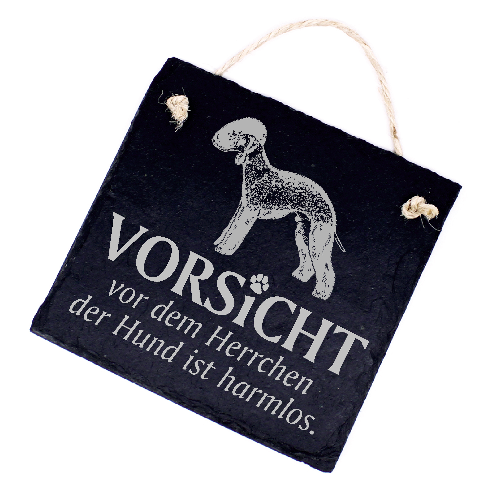 Hundeschild Bedlington Terrier Schild aus Schiefer - Vorsicht vor dem Herrchen - 11cm x 11cm
