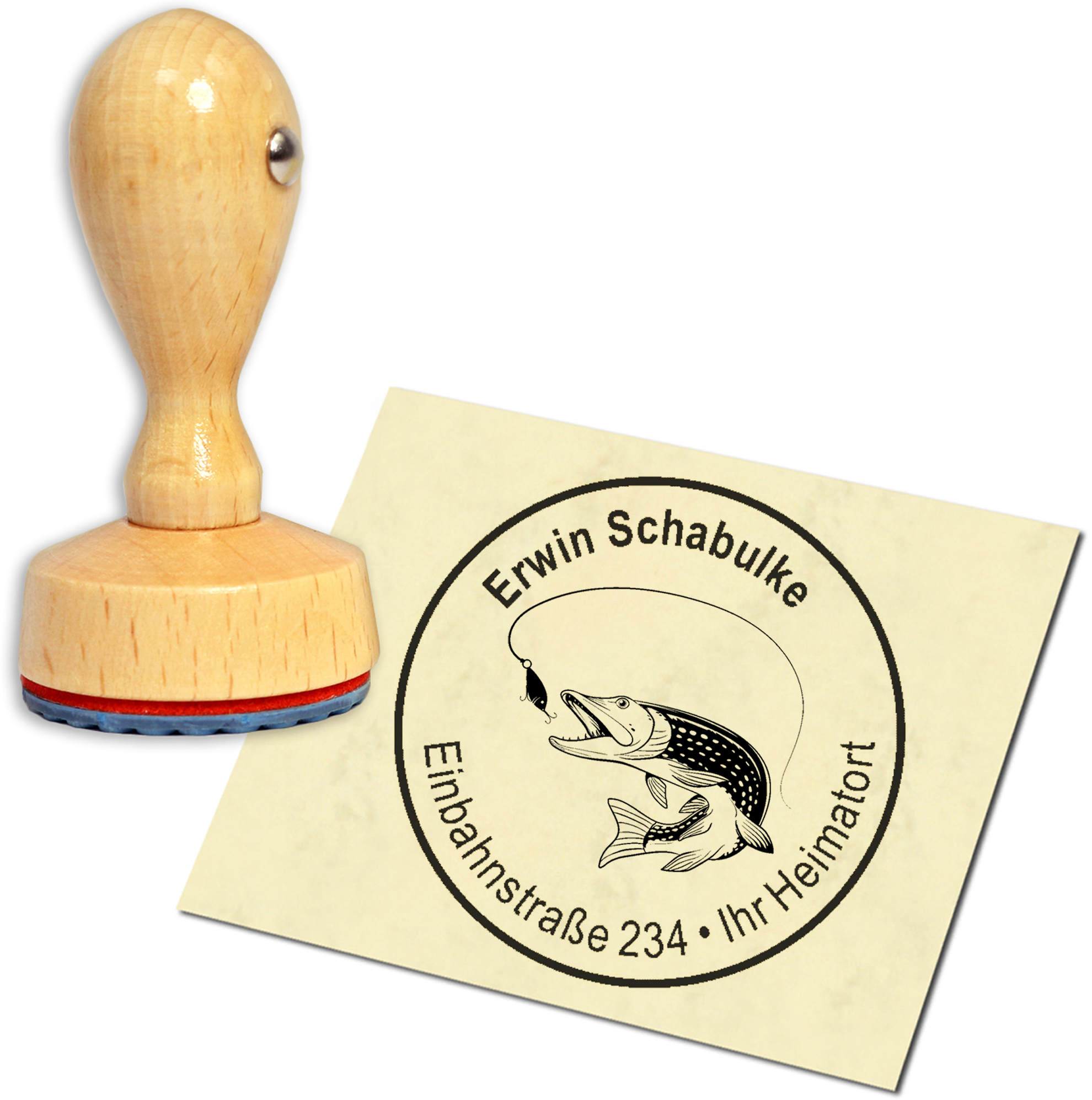 Stempel Adressstempel Holzstempel - Hecht - rund 40mm