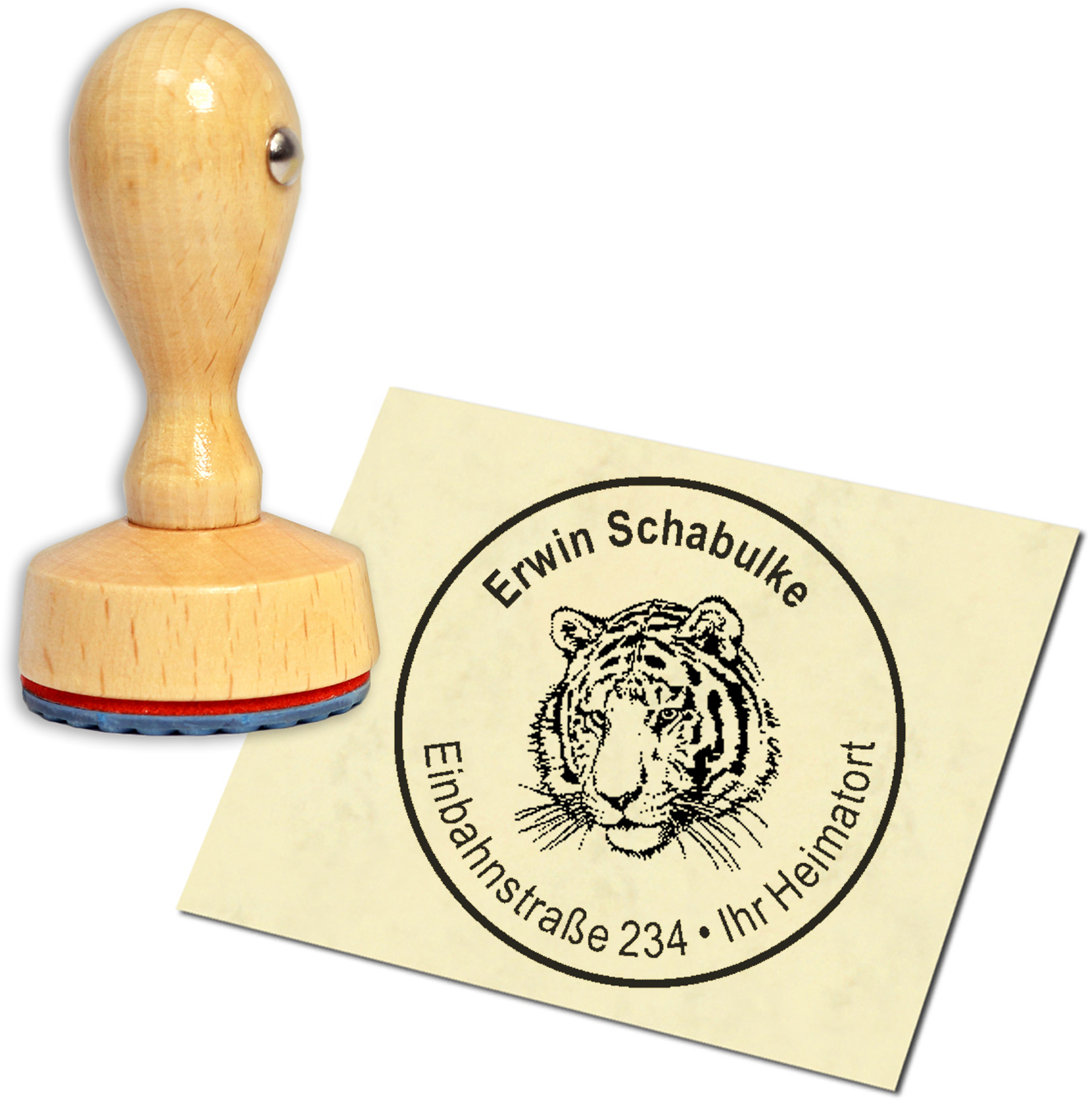 Stempel Adressstempel Holzstempel - Tiger Kopf - rund 40mm